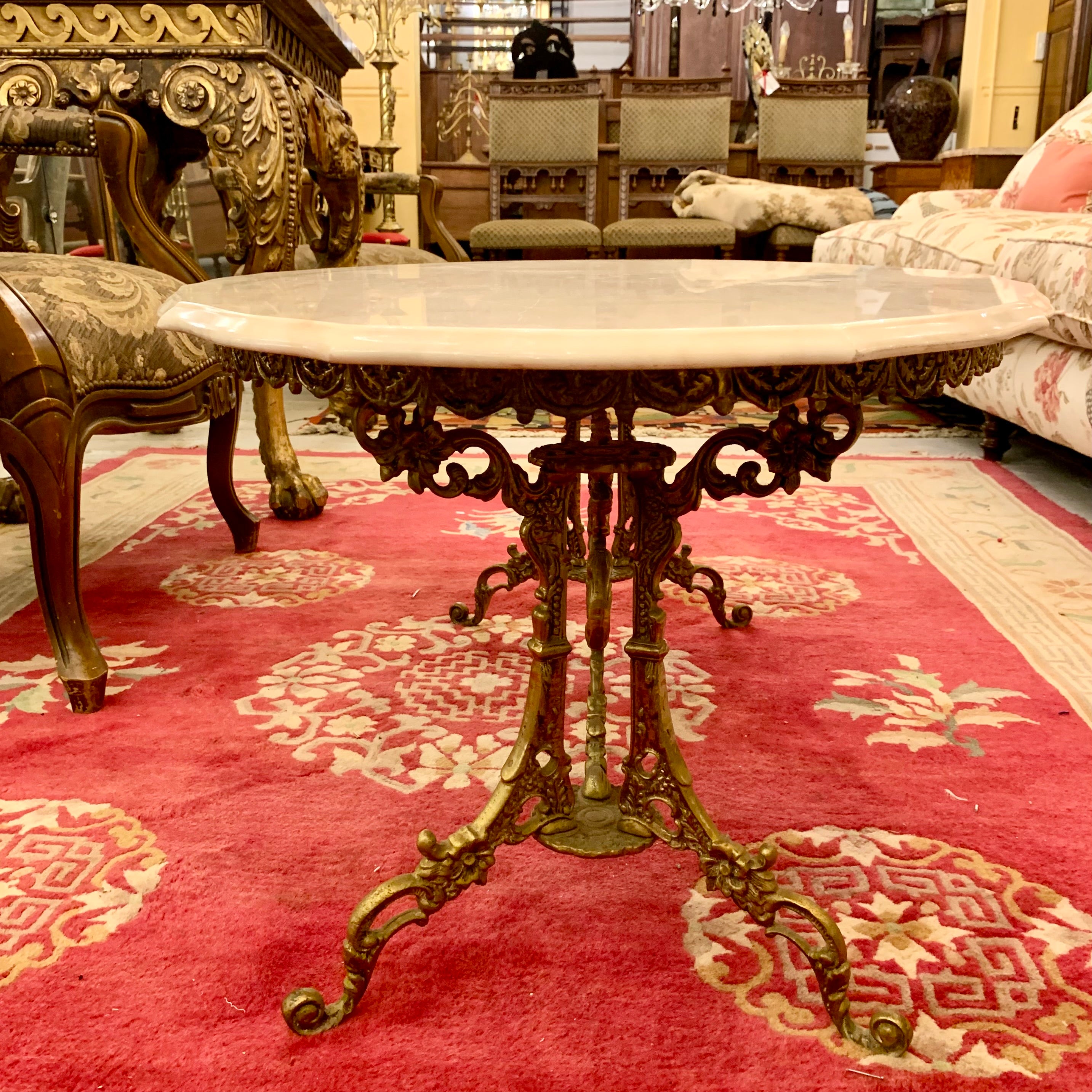 Antique Ornate Cast Brass Coffee Table with Marble Top