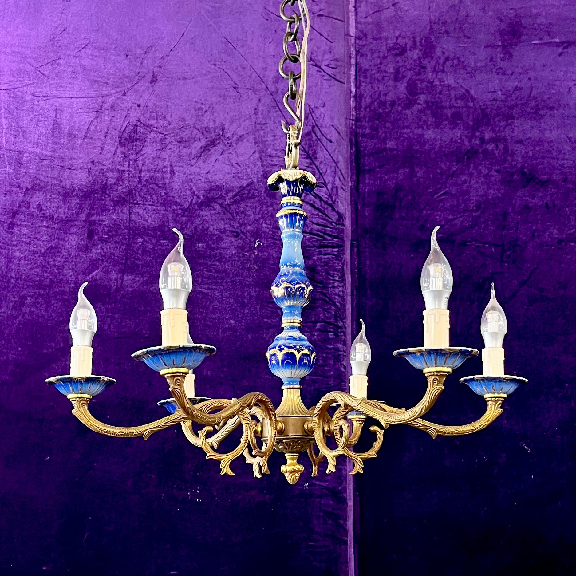 Beautiful Brass and Delft Detail Chandelier - SOLD