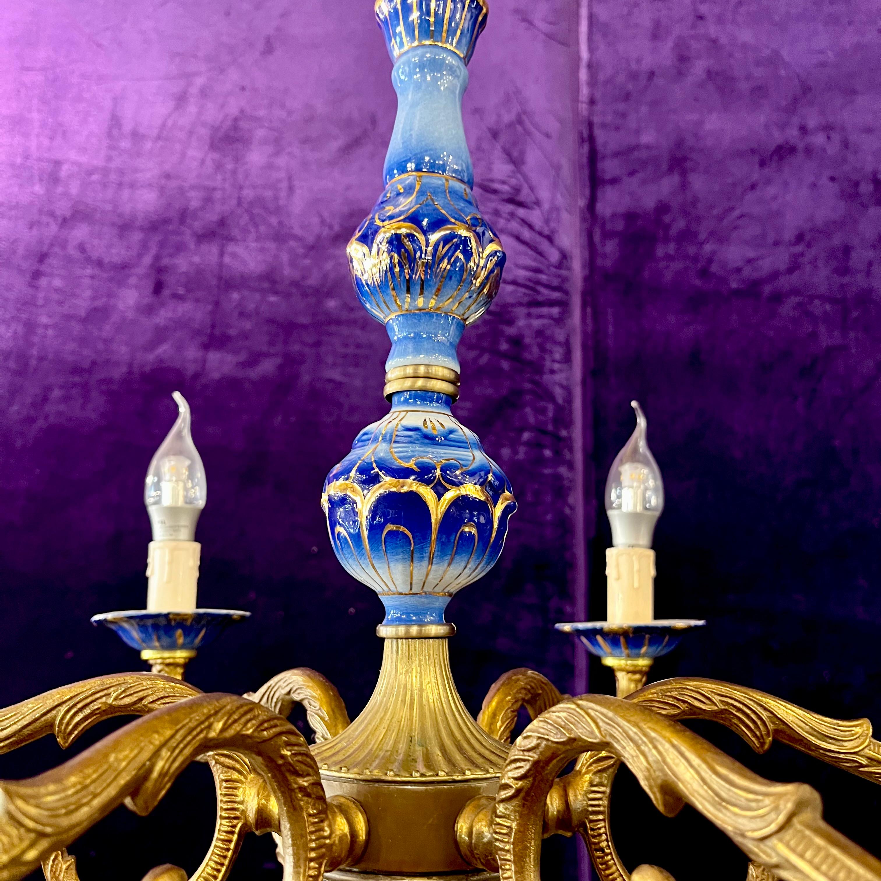 Beautiful Brass and Delft Detail Chandelier - SOLD