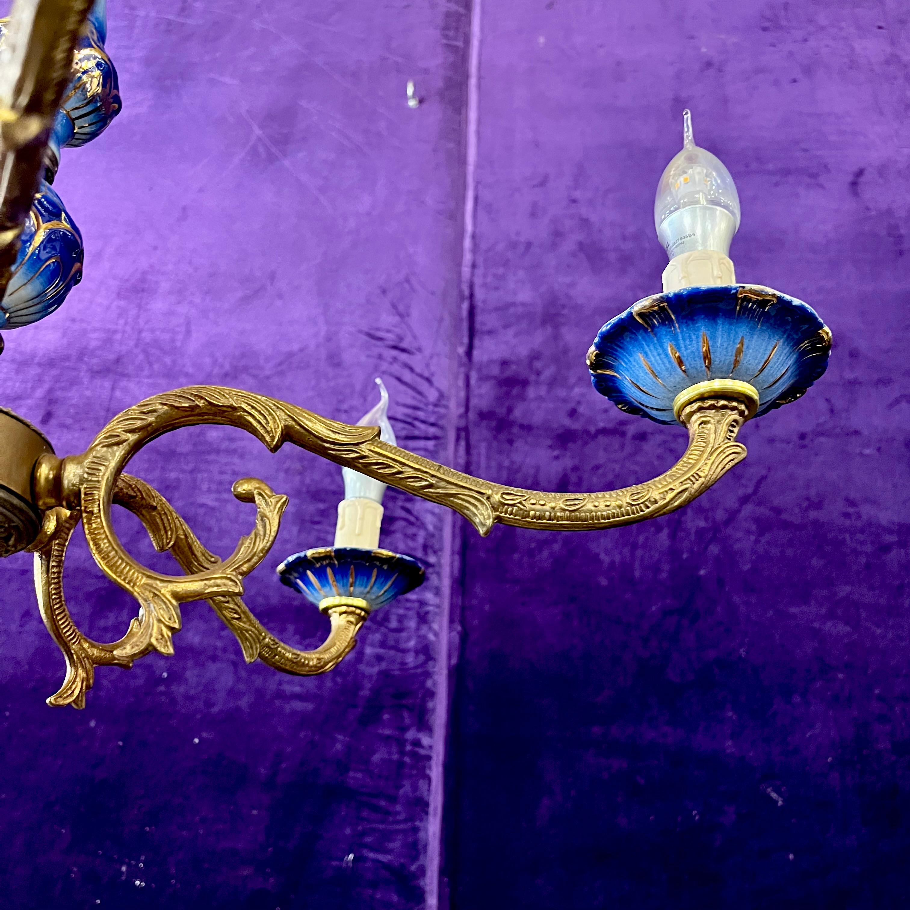 Beautiful Brass and Delft Detail Chandelier - SOLD