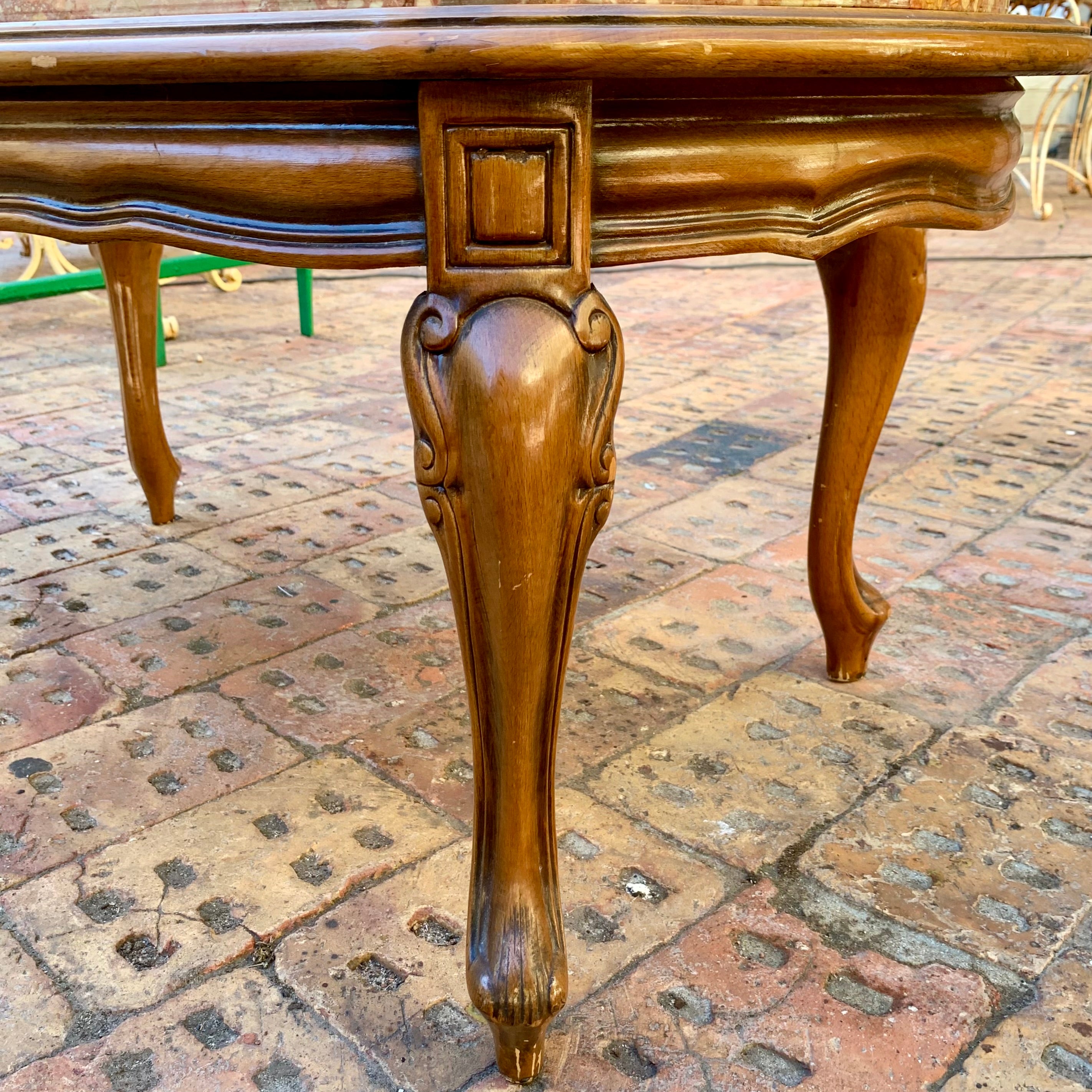 Antique Oak and Mottled Marble Oval Coffee Table