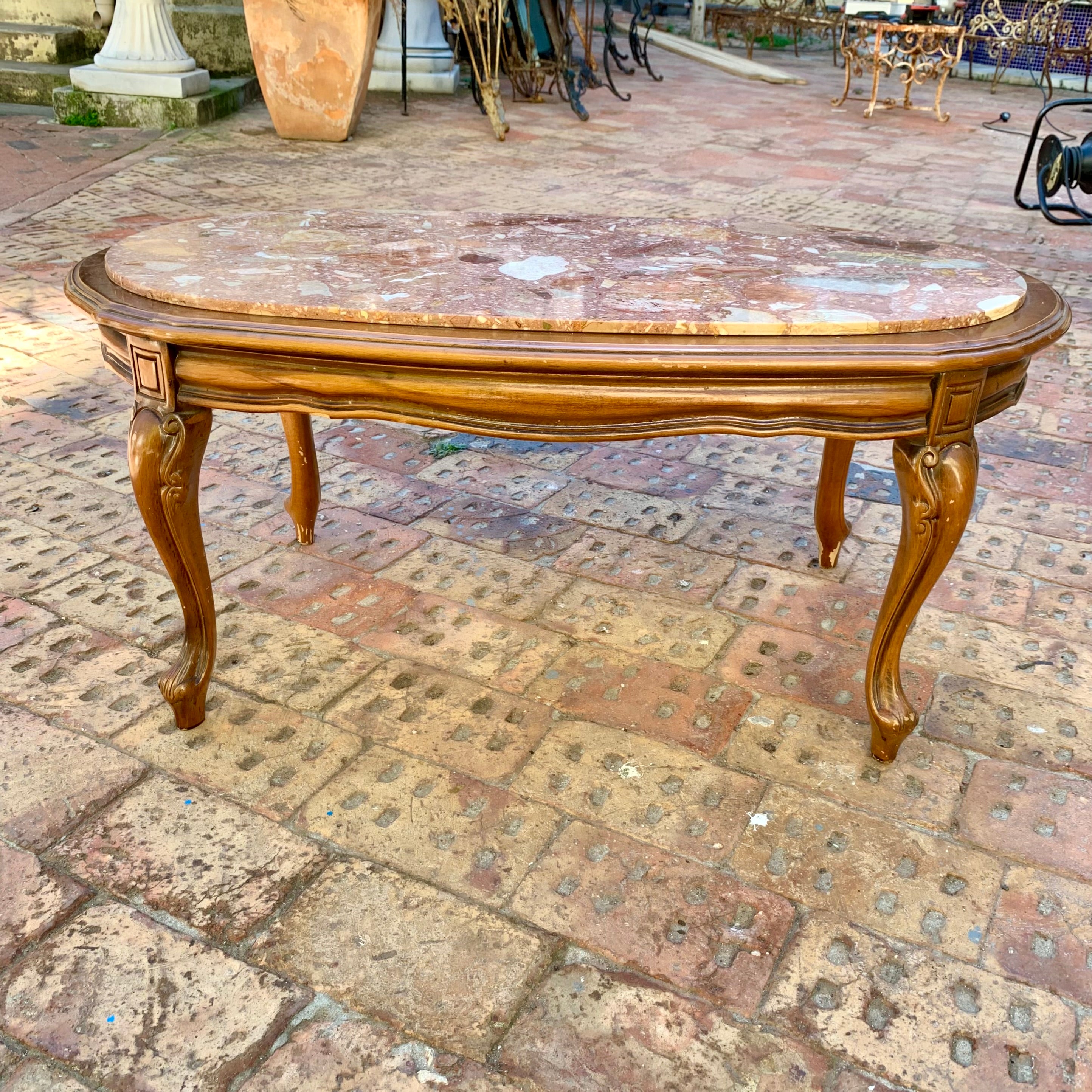 Antique Oak and Mottled Marble Oval Coffee Table