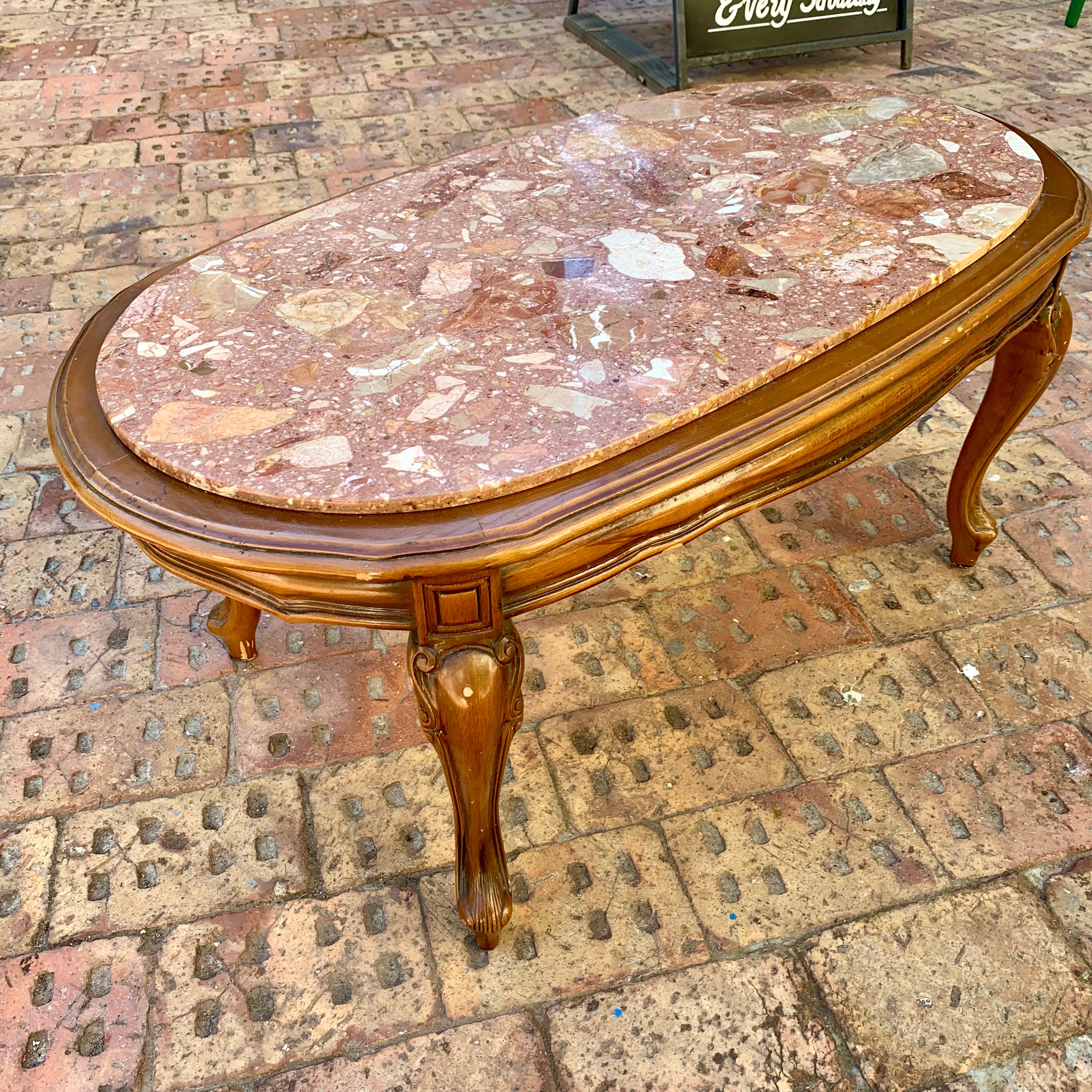 Antique Oak and Mottled Marble Oval Coffee Table