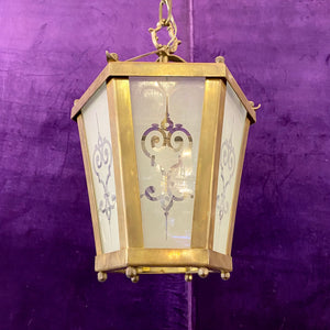 Aged Brass Lantern with Frosted, Etched Glass
