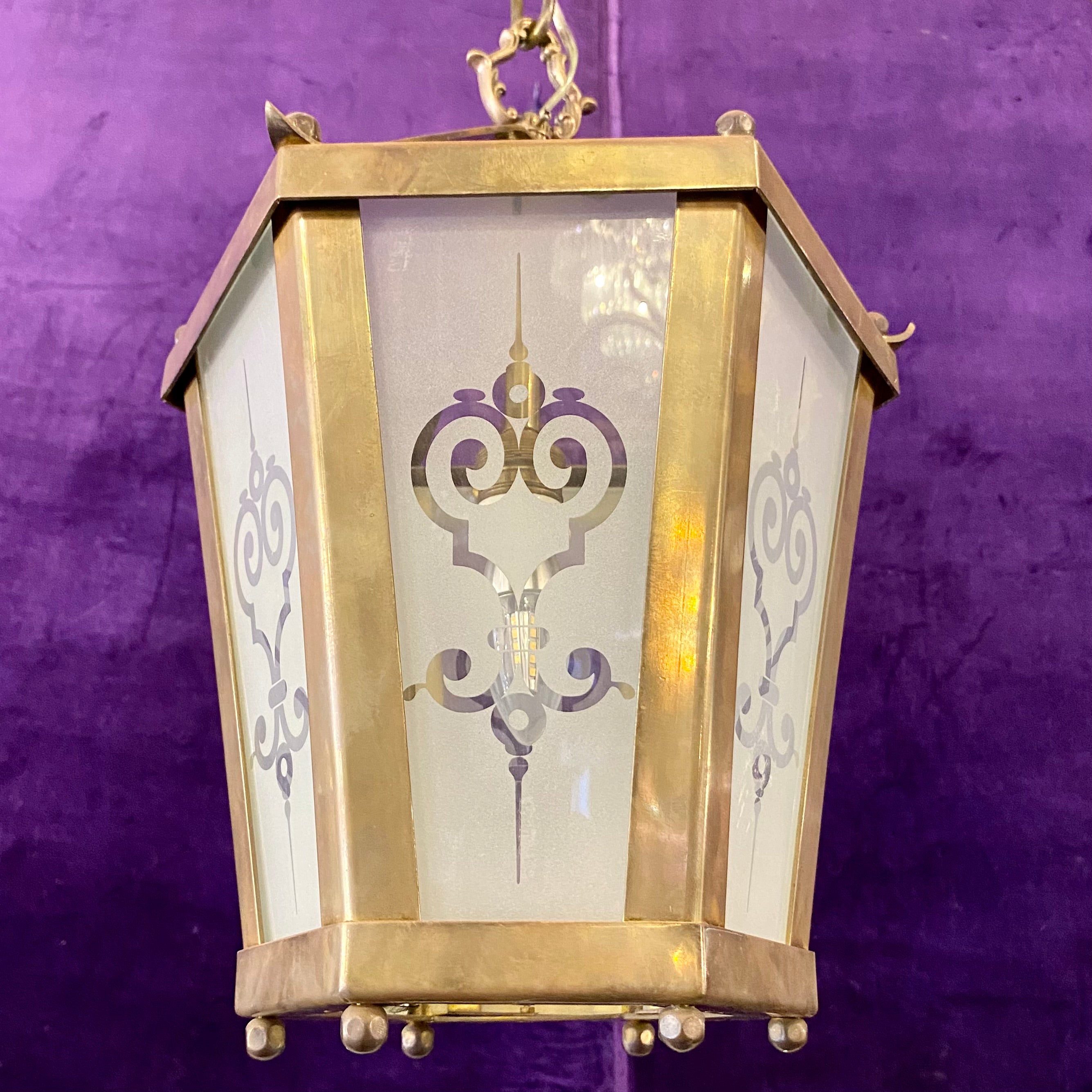 Aged Brass Lantern with Frosted, Etched Glass