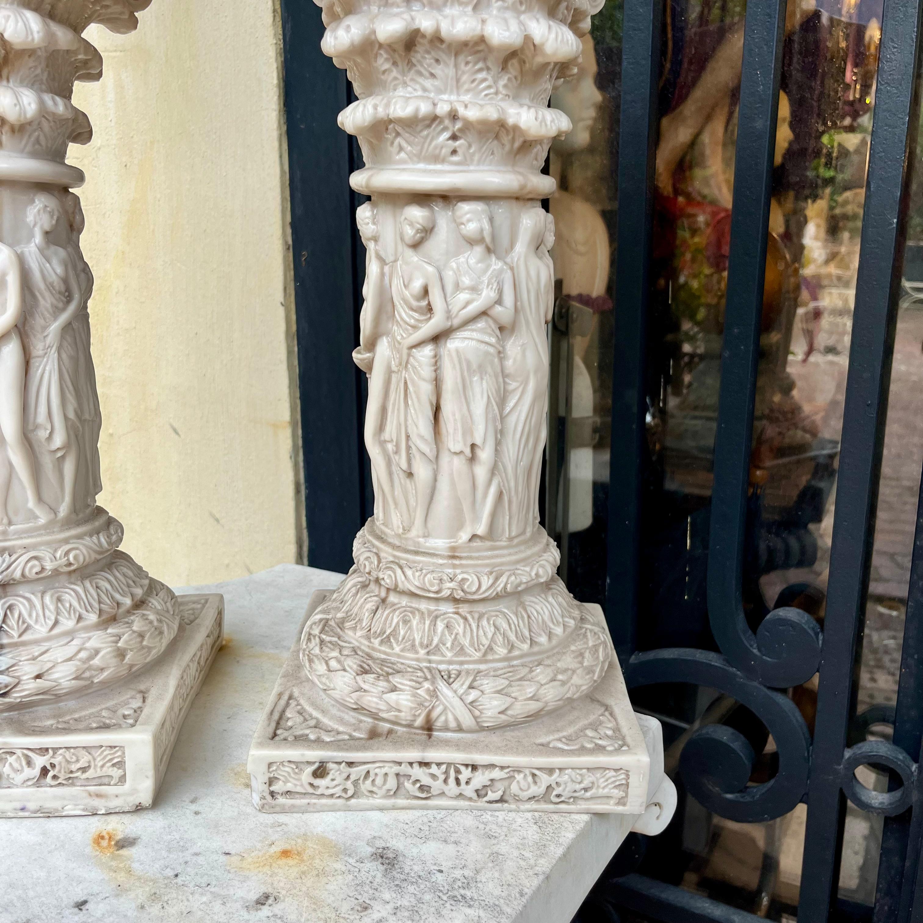 Pair Sculpted Marble Pedestals of the Graces