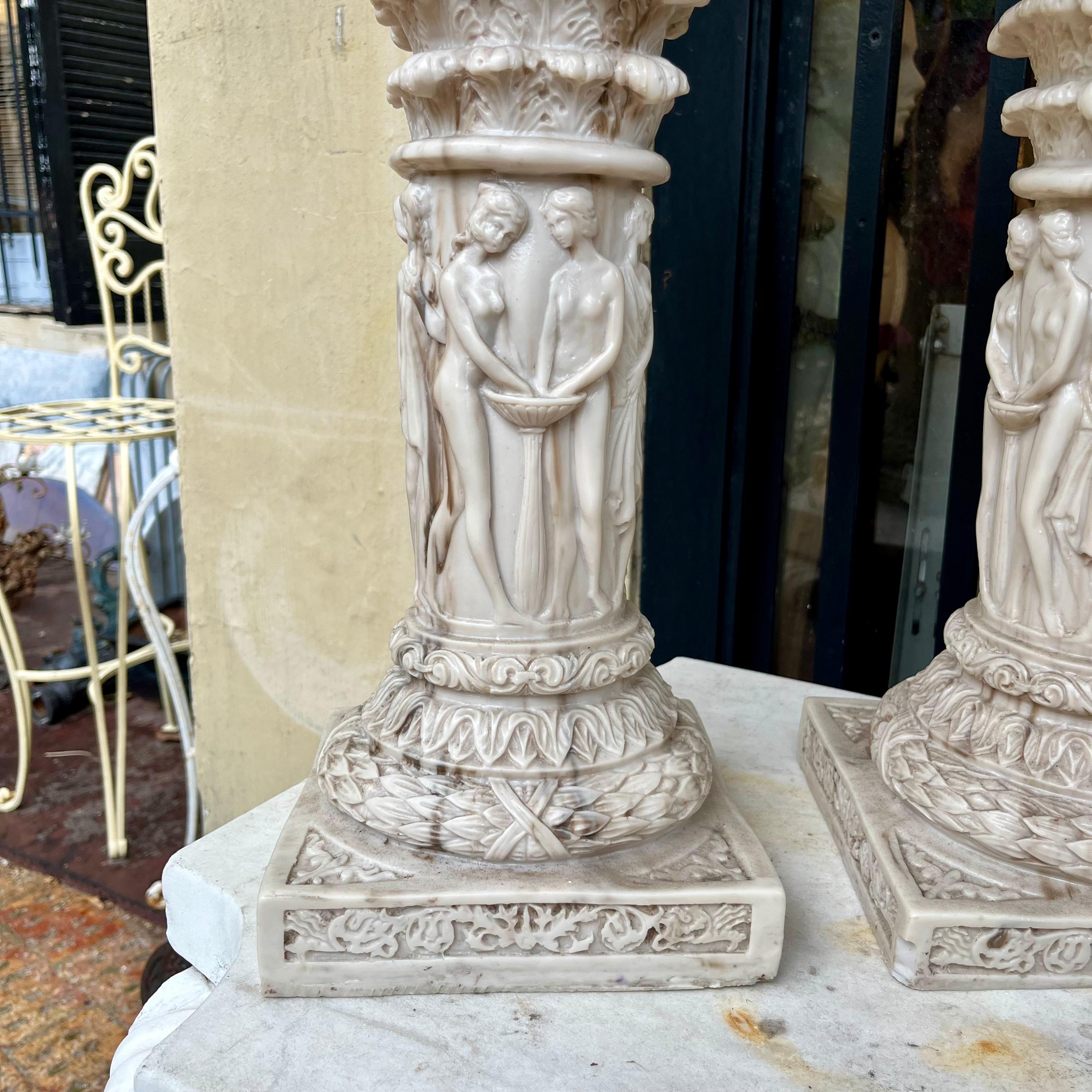 Pair Sculpted Marble Pedestals of the Graces