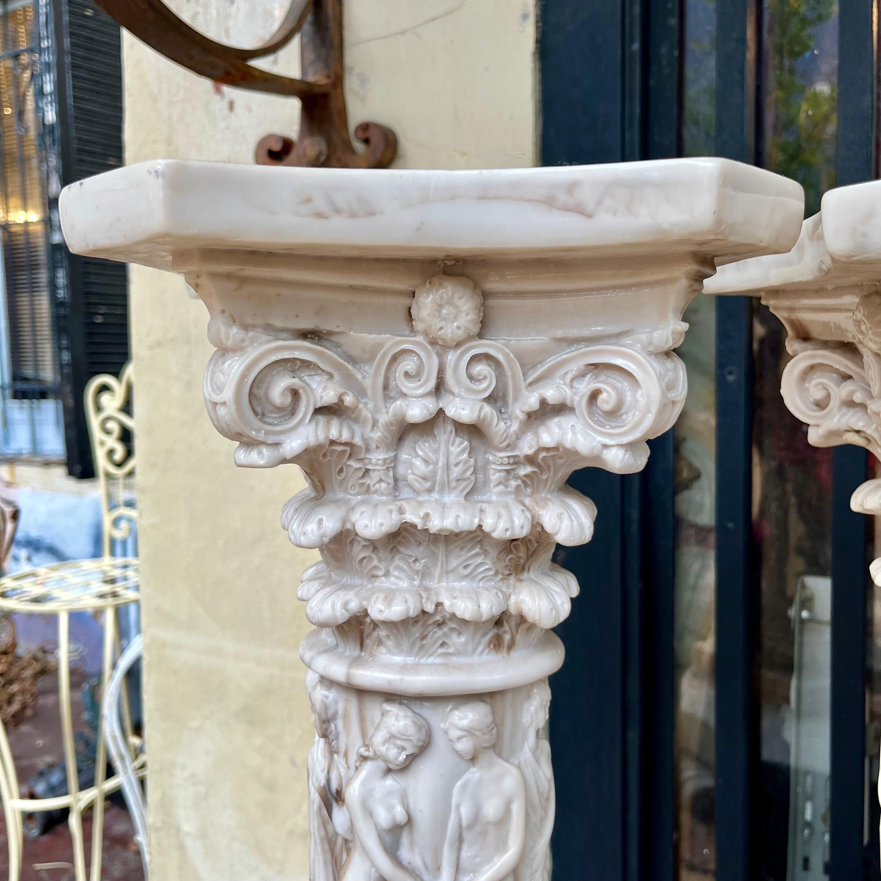 Pair Sculpted Marble Pedestals of the Graces