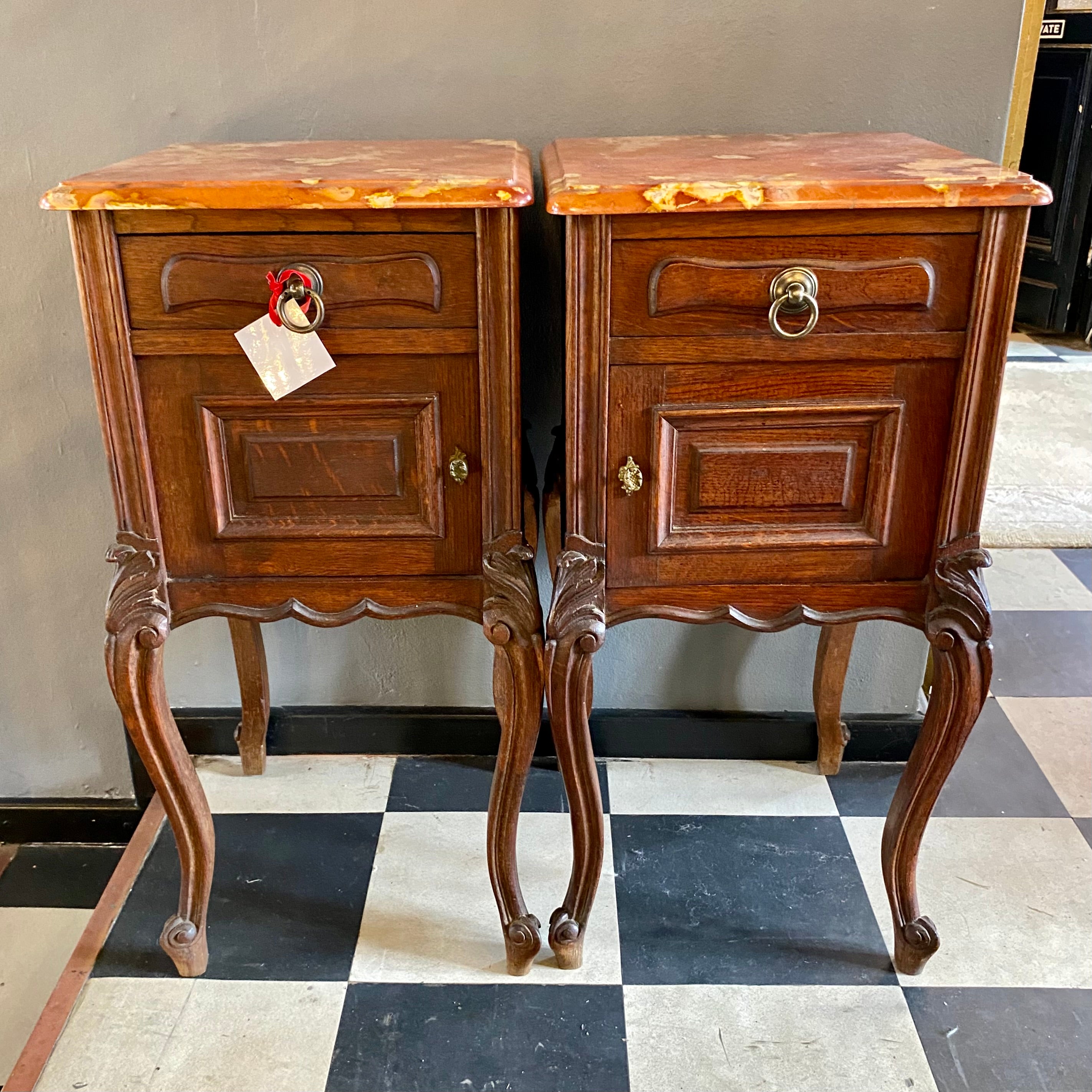 An Antique Pair of Oak Pedestals with Red Marble Tops