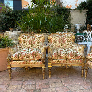 Antique Gilded Italian Salon Set in Beautiful Floral Upholstery