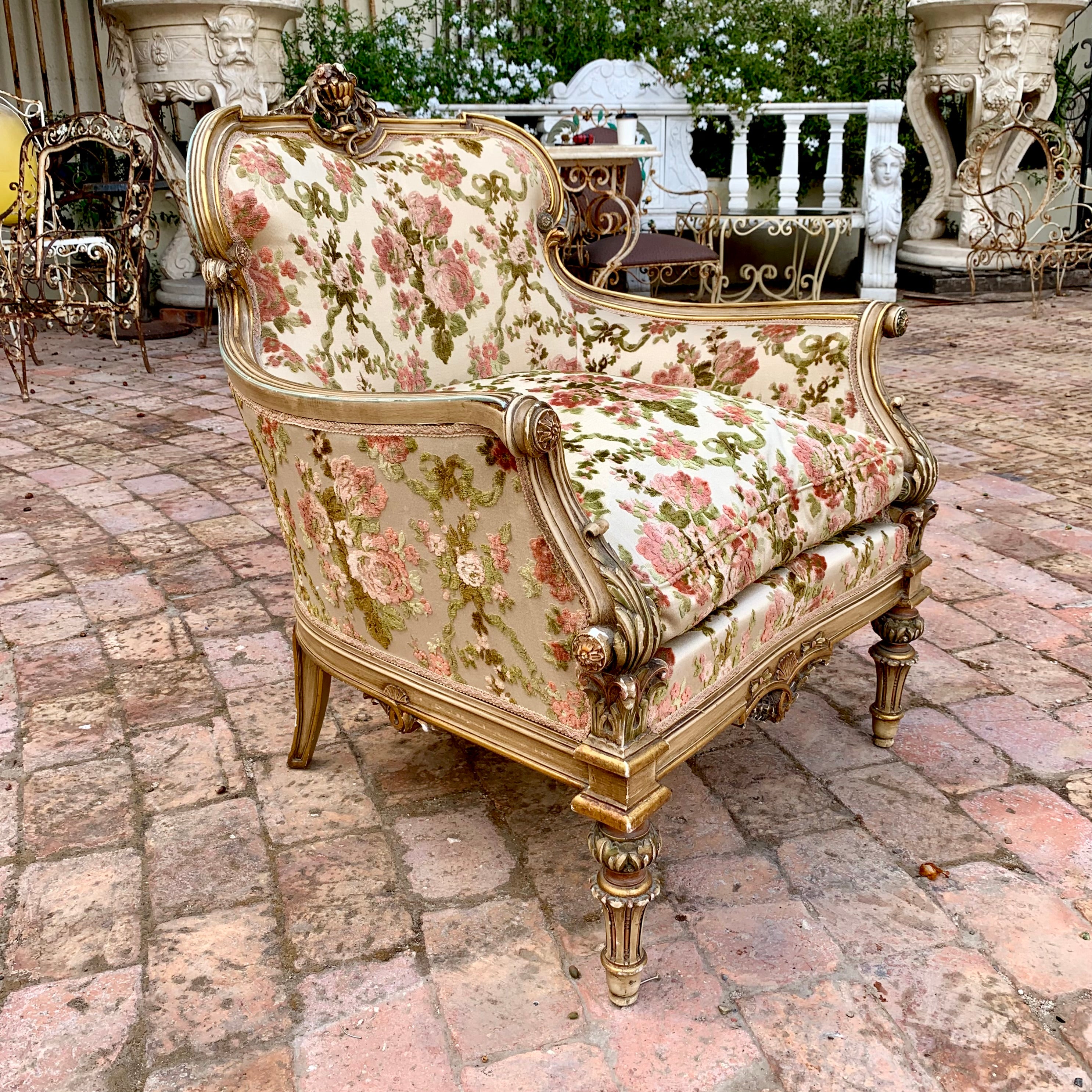 Antique Gilded Italian Salon Set in Beautiful Floral Upholstery