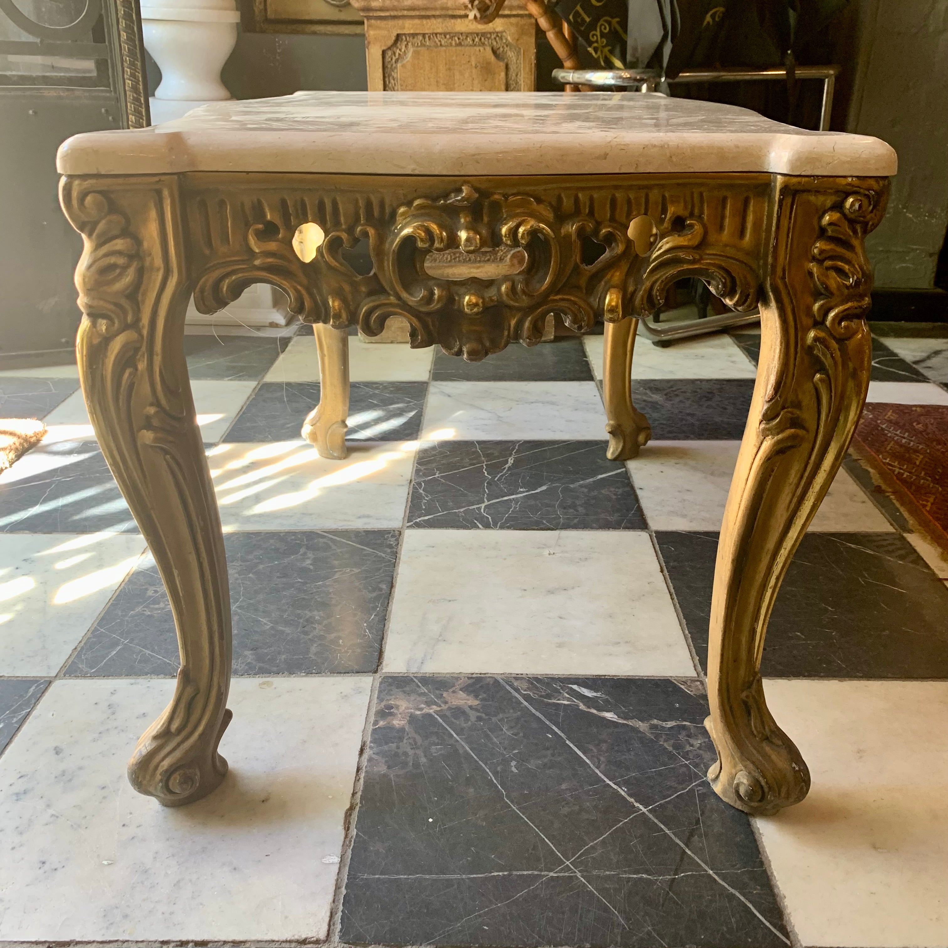 Antique Gilt Gold French Coffee Table with Cream Marble Top