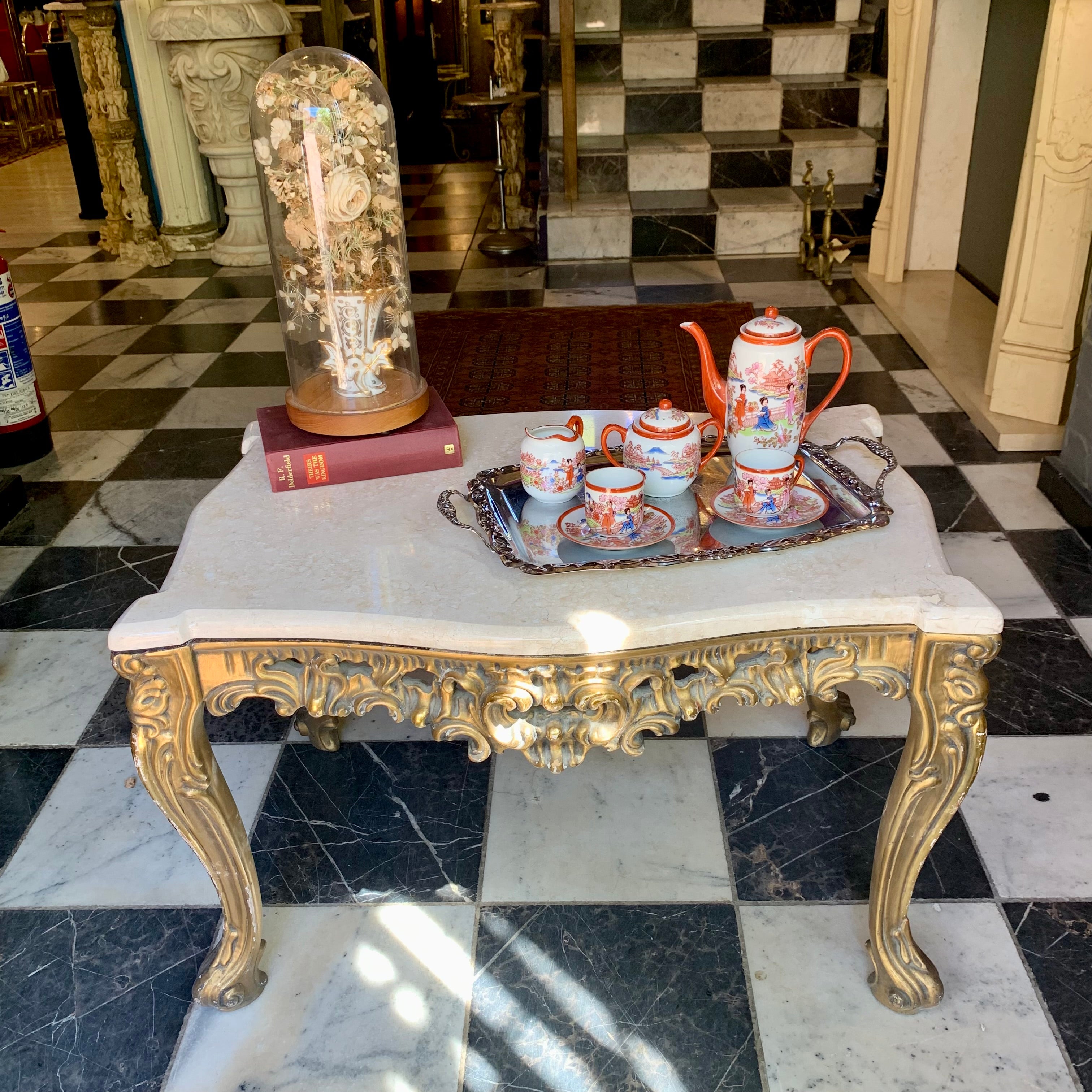 Antique Gilt Gold French Coffee Table with Cream Marble Top