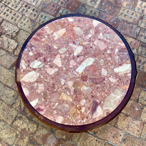 Antique Oak and Mottled Marble Round Coffee Table