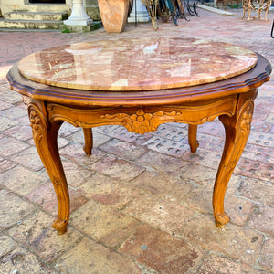 Antique Oak and Mottled Marble Round Coffee Table