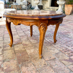 Antique Oak and Mottled Marble Round Coffee Table