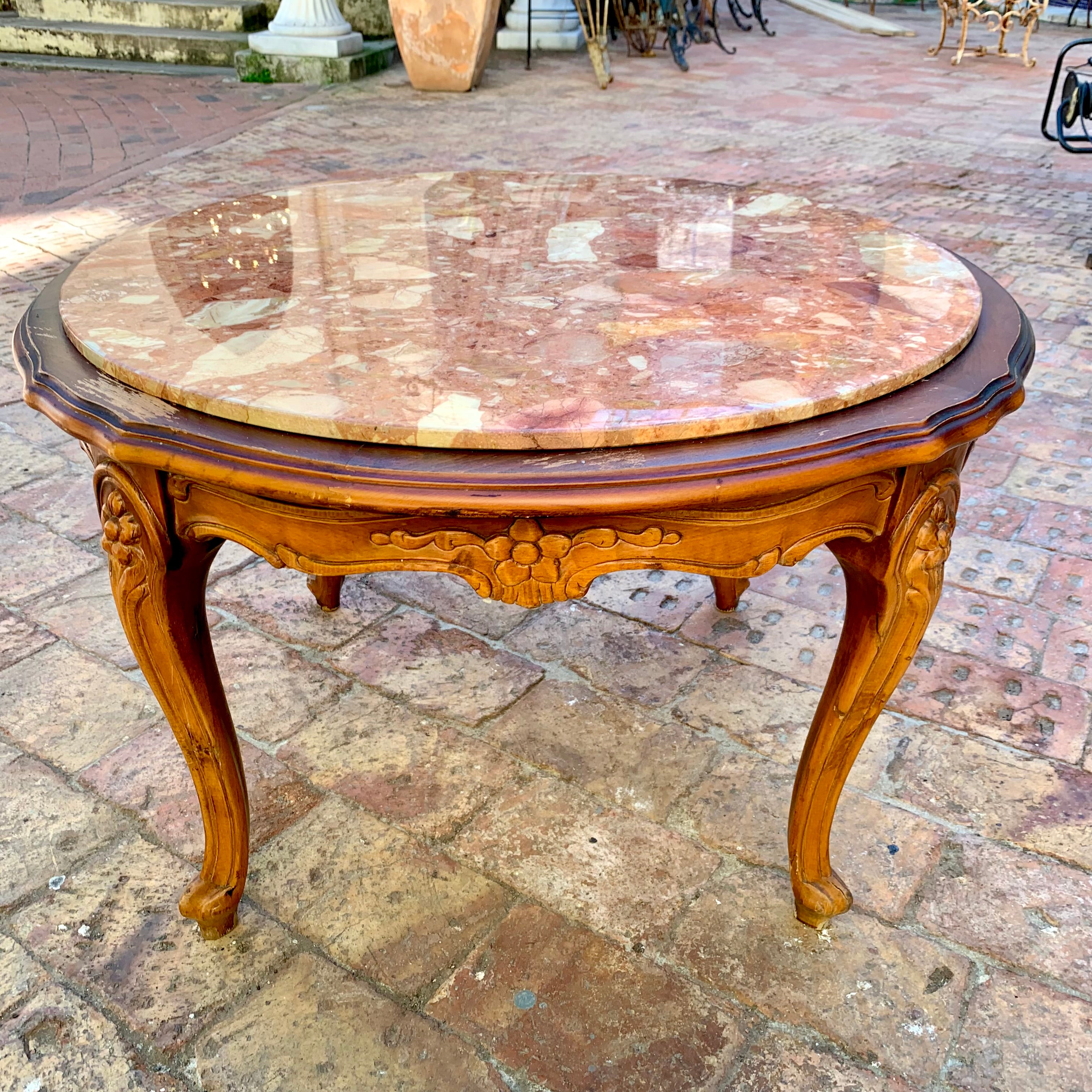 Antique Oak and Mottled Marble Round Coffee Table