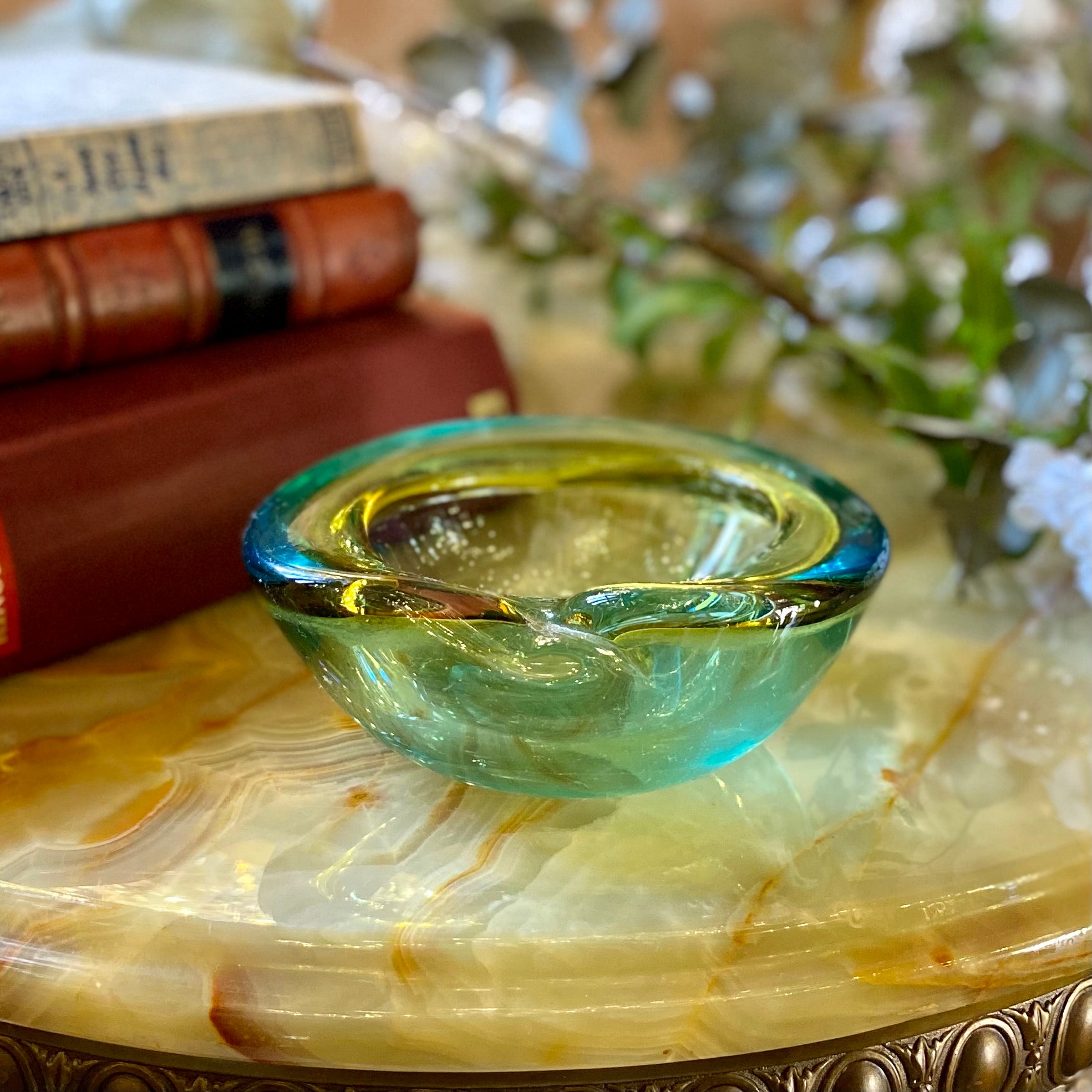 Vintage Green and Blue Ringed Murano Ashtray