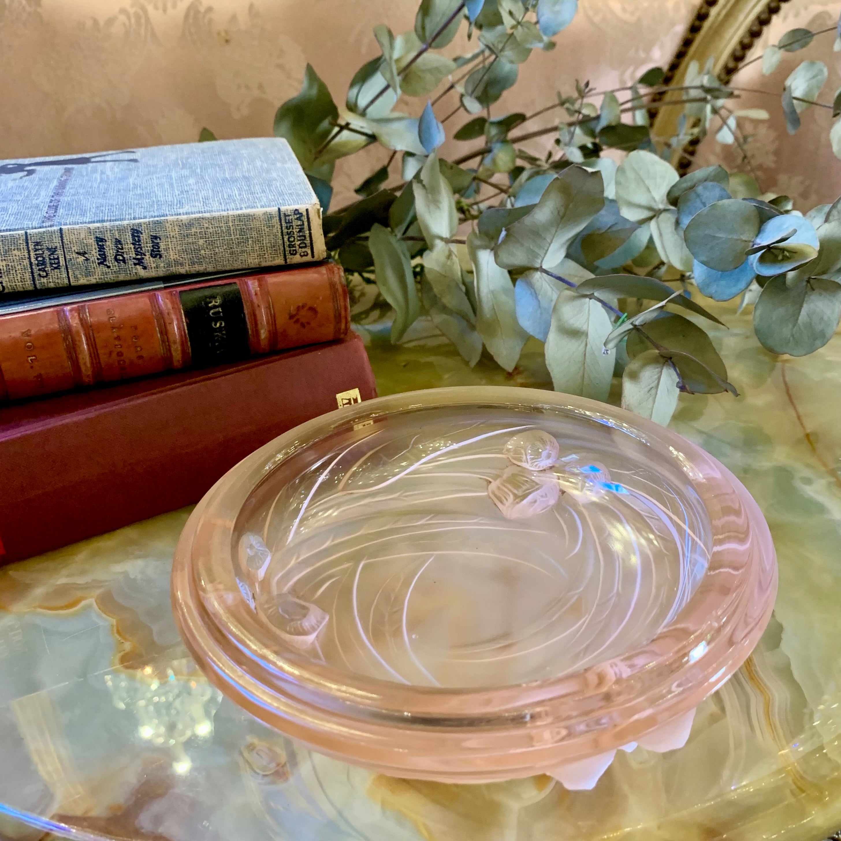 Art Deco Frosted Rose Pink Bowl in the style of Lalique