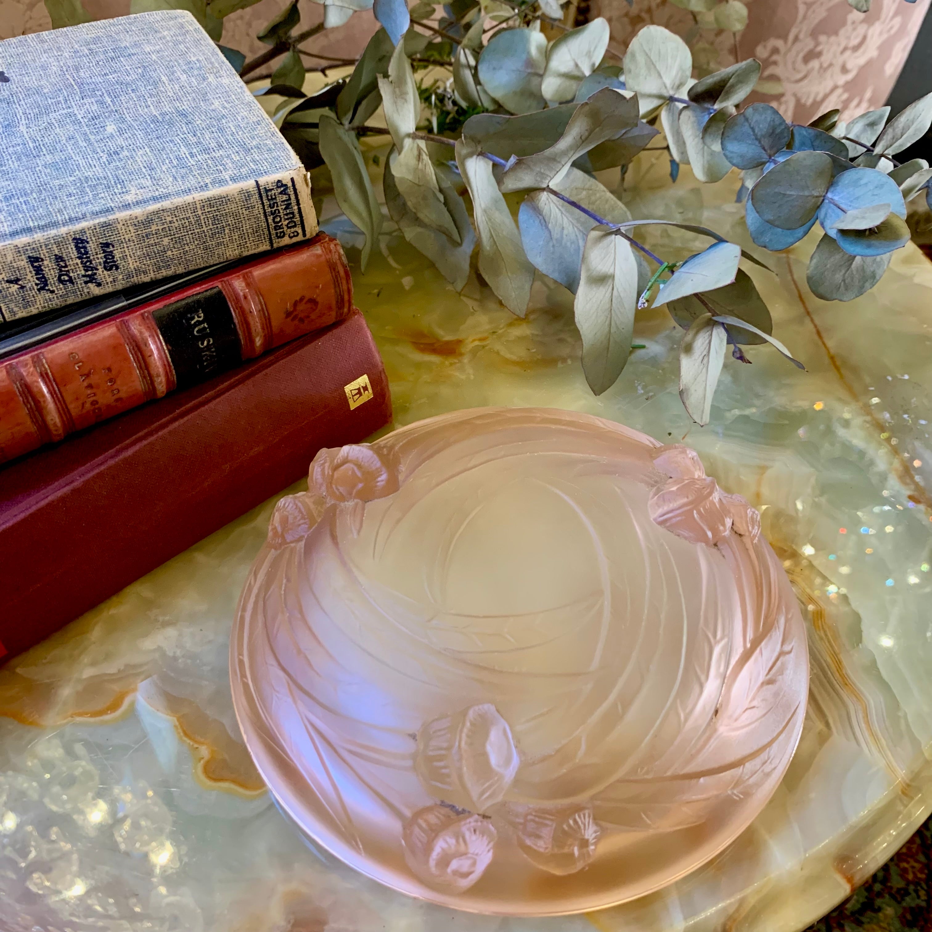 Art Deco Frosted Rose Pink Bowl in the style of Lalique