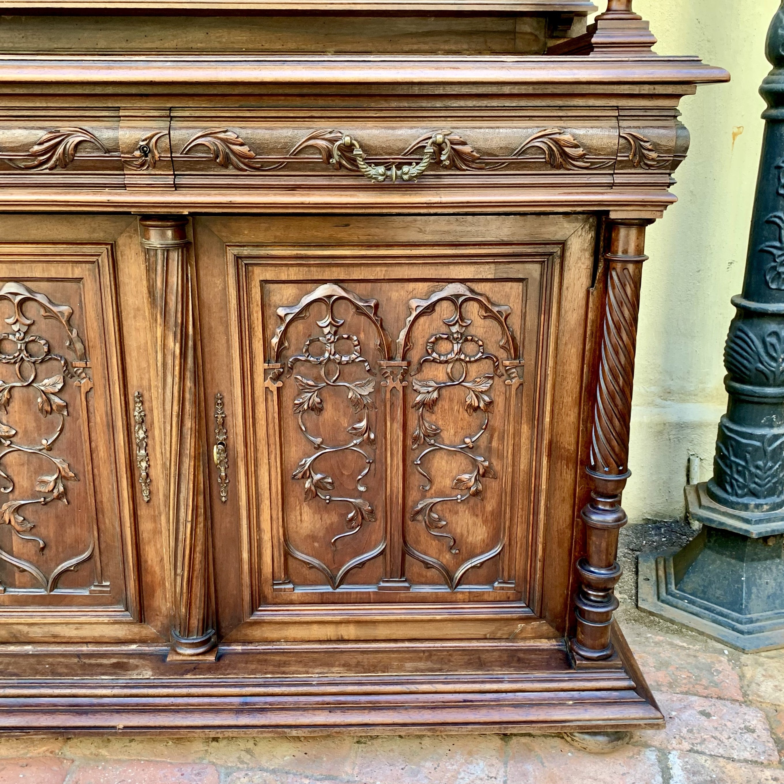 Large Antique Dark Oak French Carved Cabinet