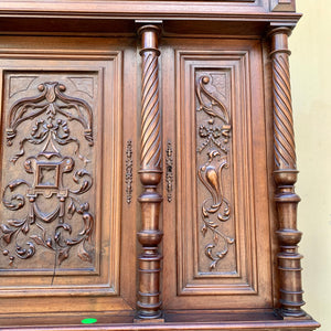 Large Antique Dark Oak French Carved Cabinet