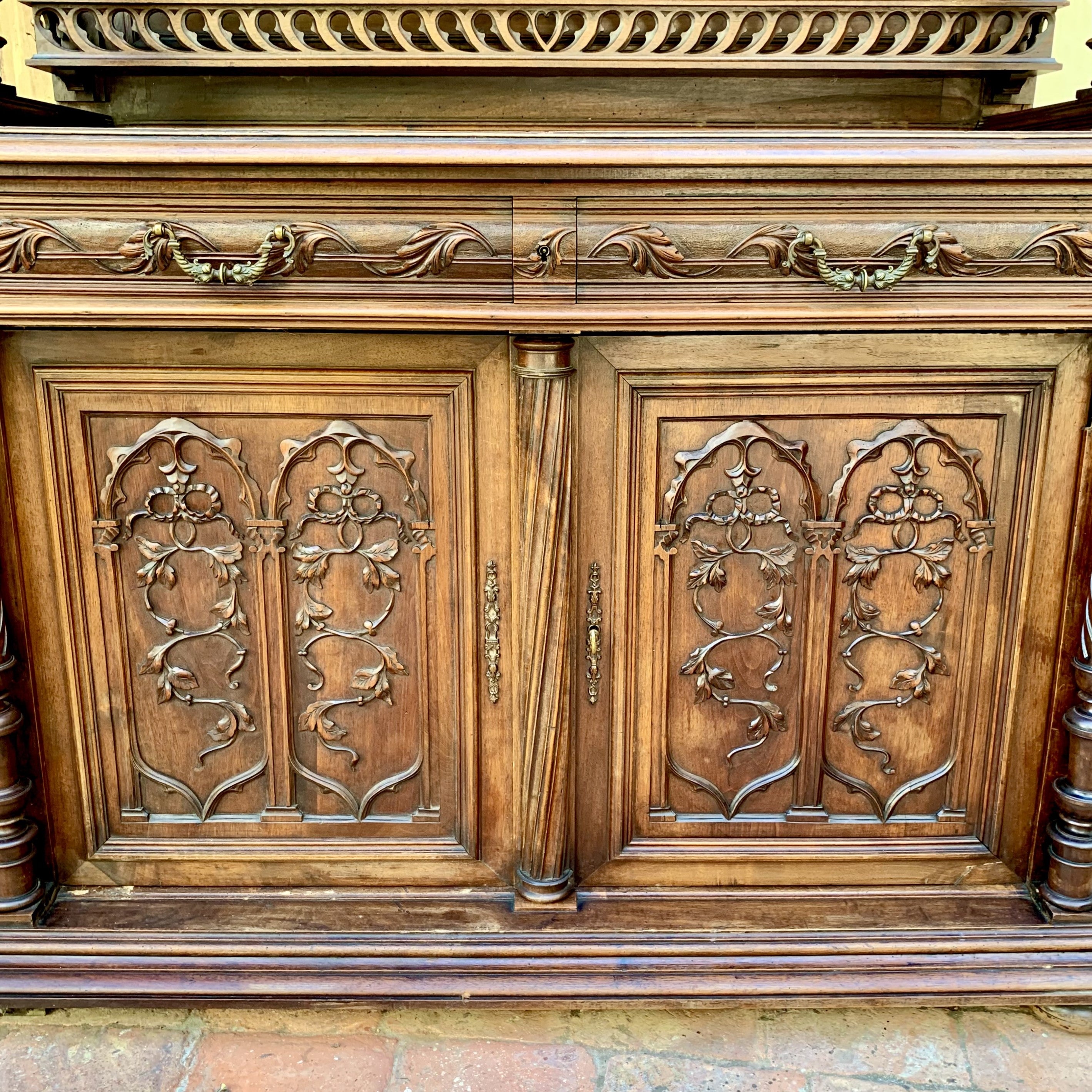 Large Antique Dark Oak French Carved Cabinet