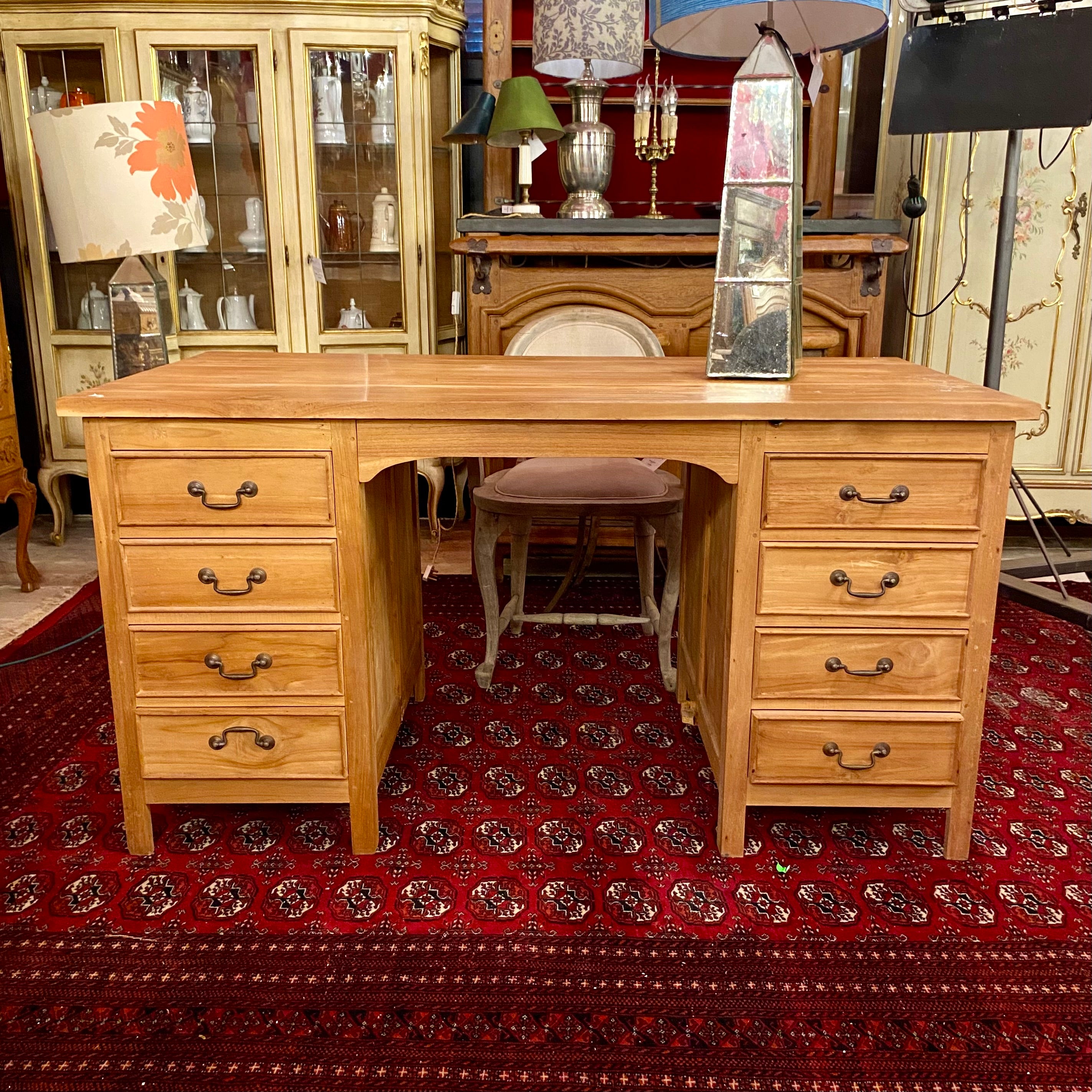 Solid Antique Teak Partner's Desk with Brass Handles - SOLD