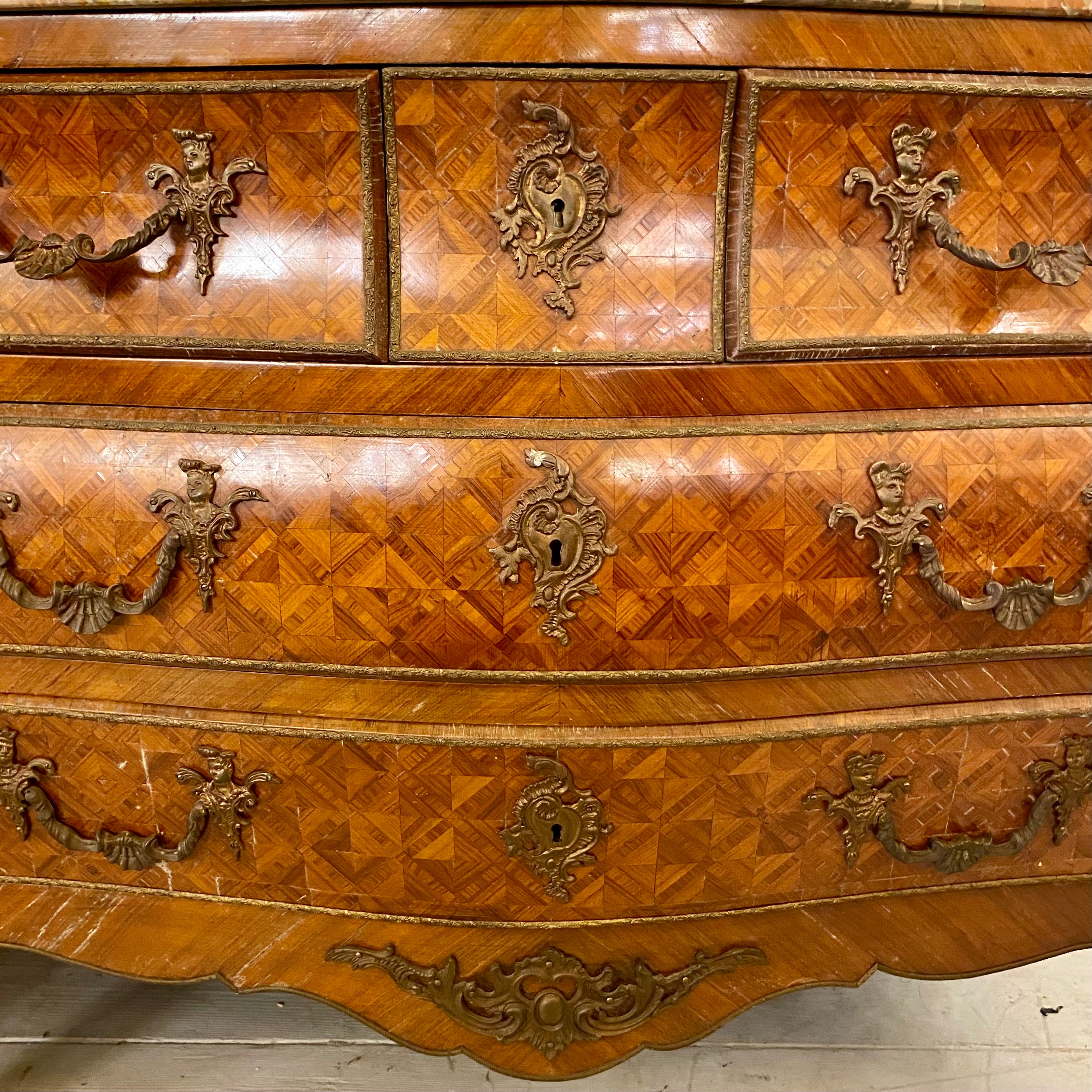 Incredible Antique Italian Bombe Chest with Inlaid Details and Ornate Castings
