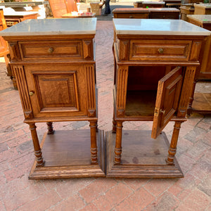 French Oak Bedside Pedestals with Marble Tops - SOLD