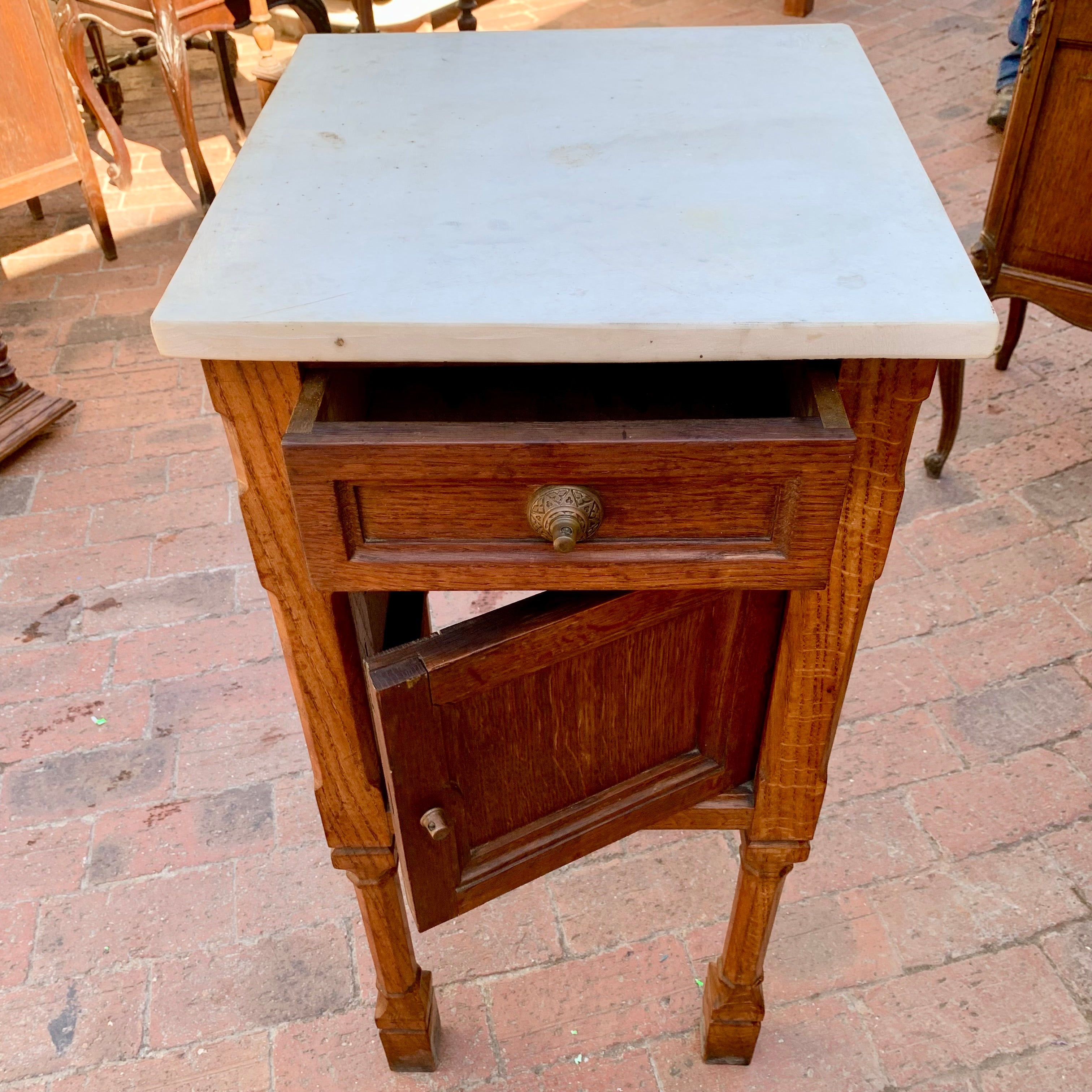 Single Antique Bedside Pedestal with Marble Top