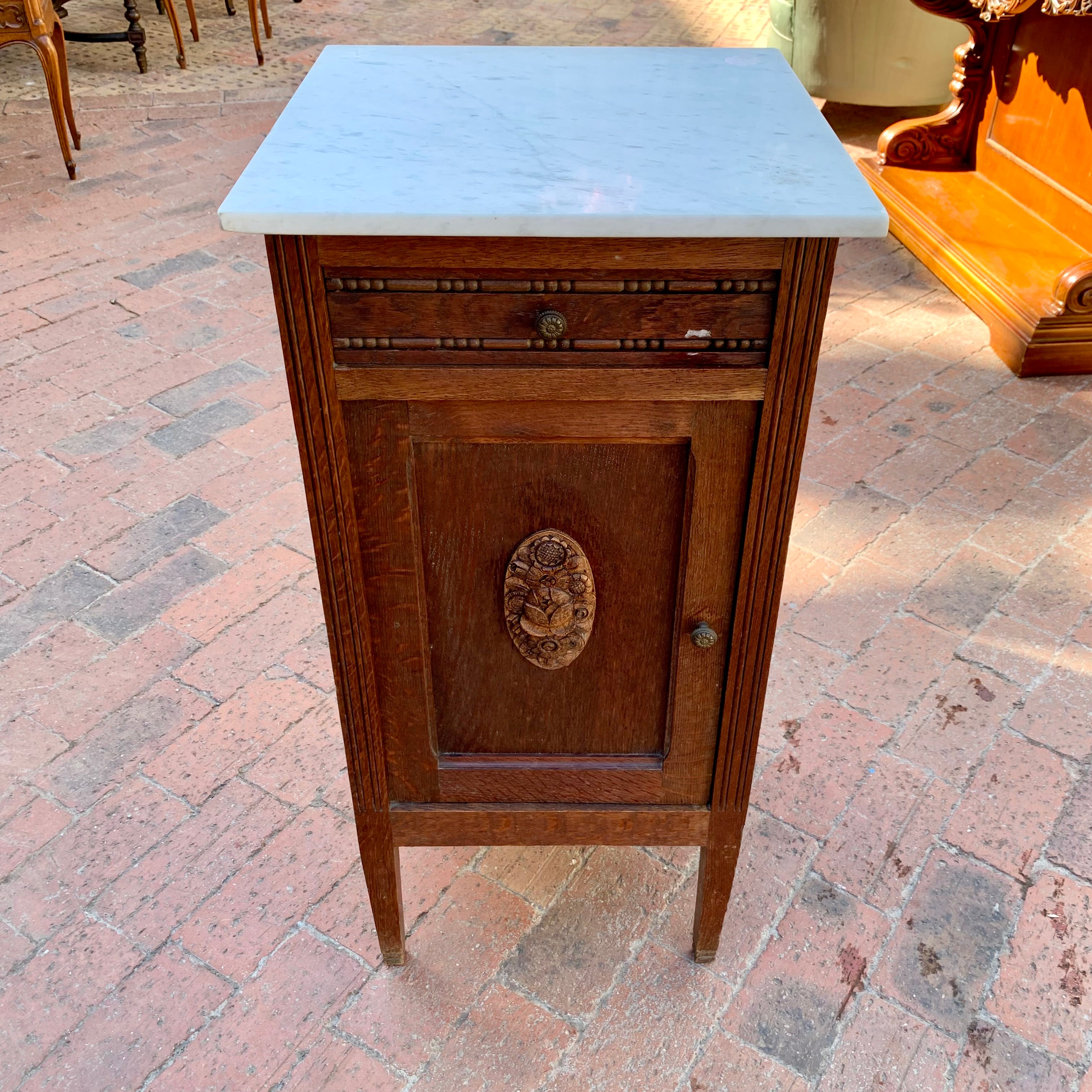 Antique Carved Oak Single Pedestal with Marble Top - SOLD