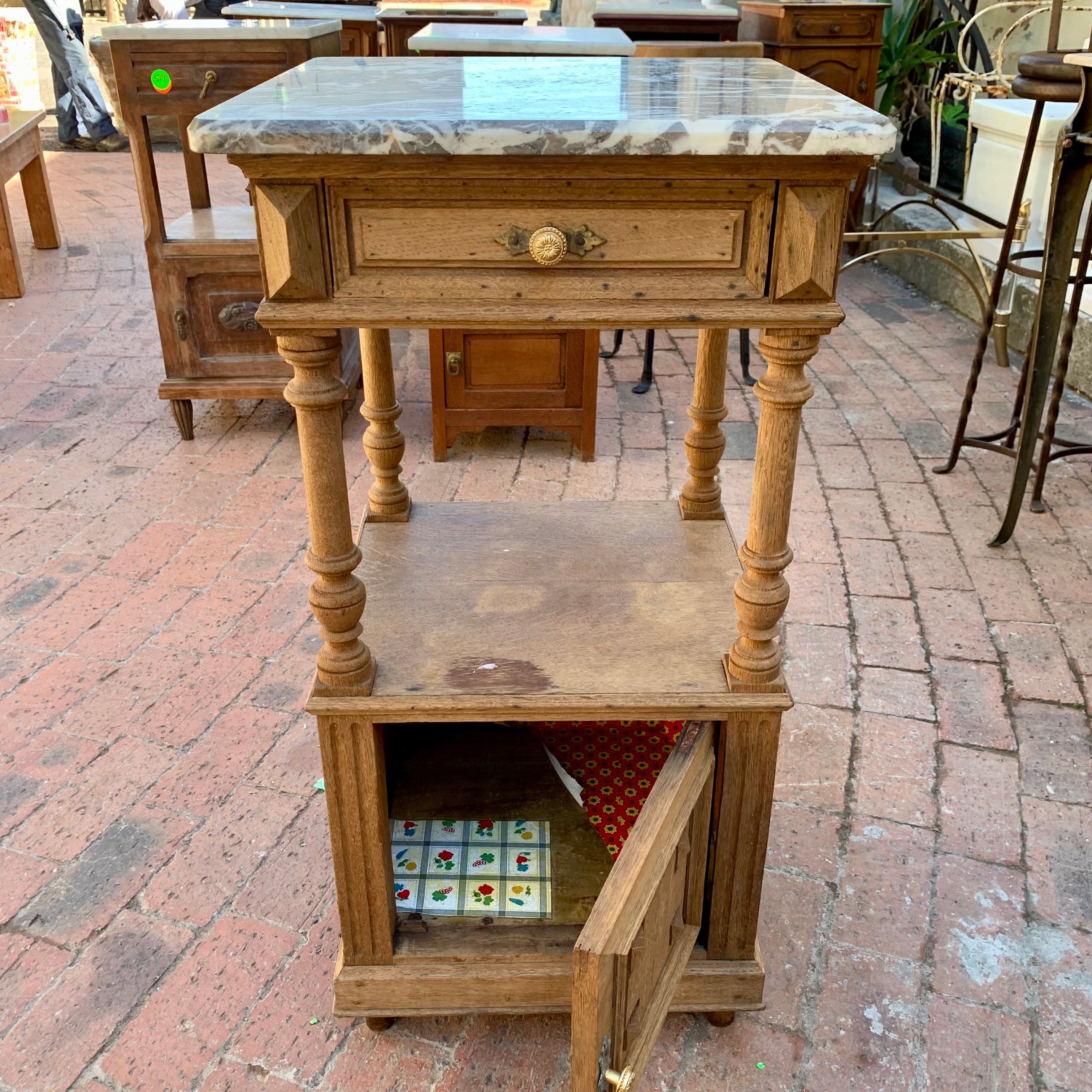 Pretty Antique Oak Single Pedestal with Grey Marble Top