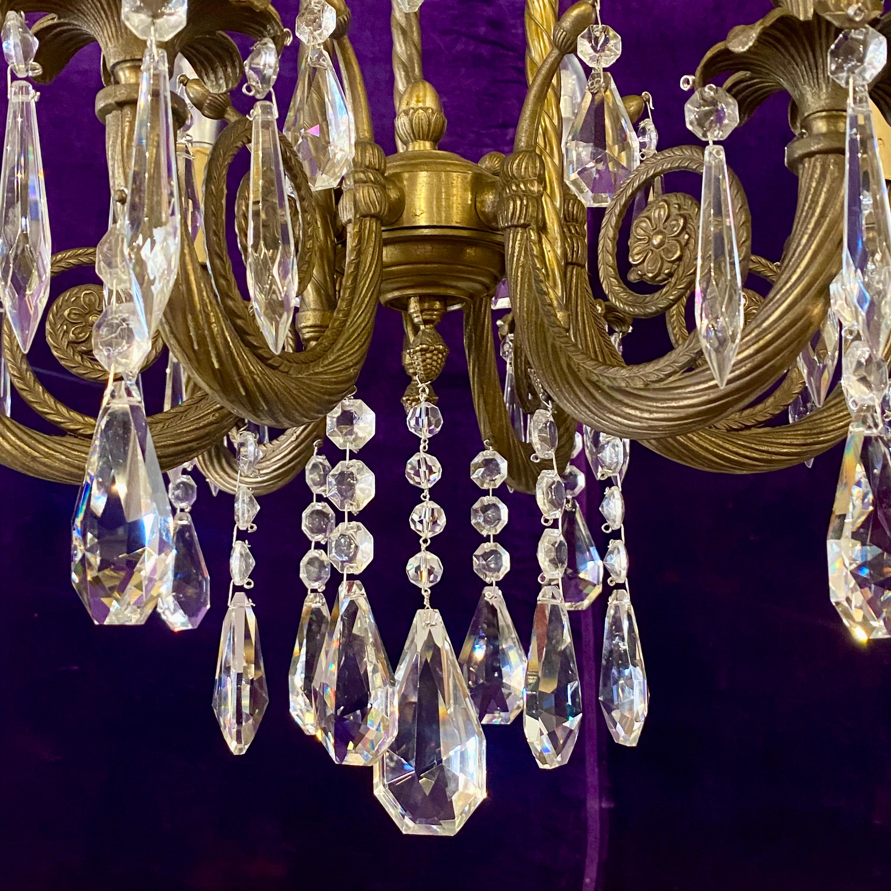 Stylish Antique Brass and Crystal Chandelier