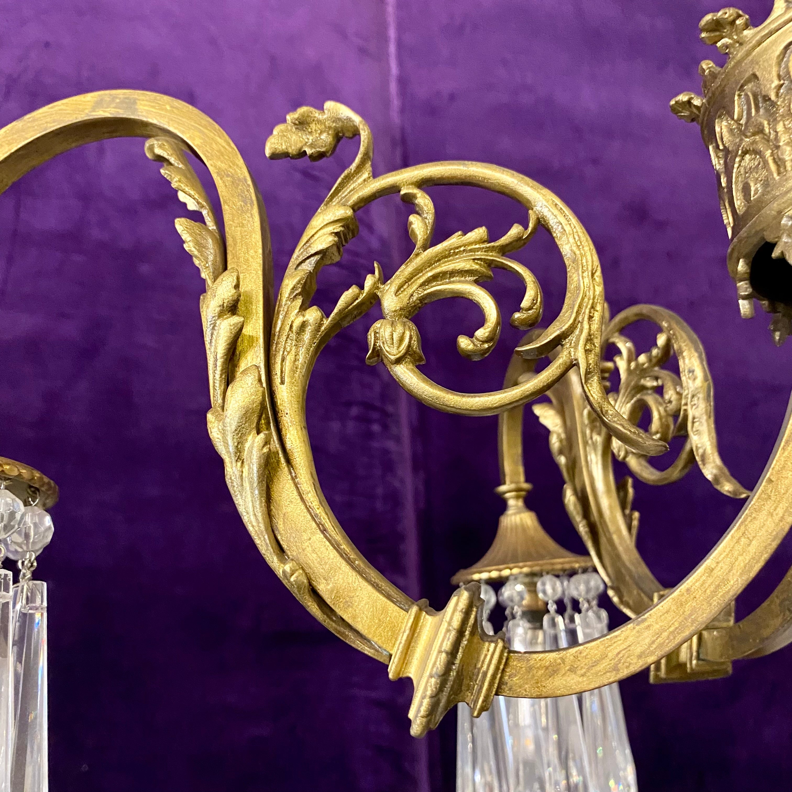 Antique Victorian Brass Chandelier with Spear Crystals