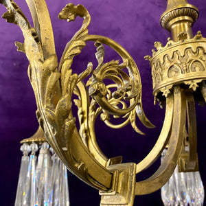 Antique Victorian Brass Chandelier with Spear Crystals