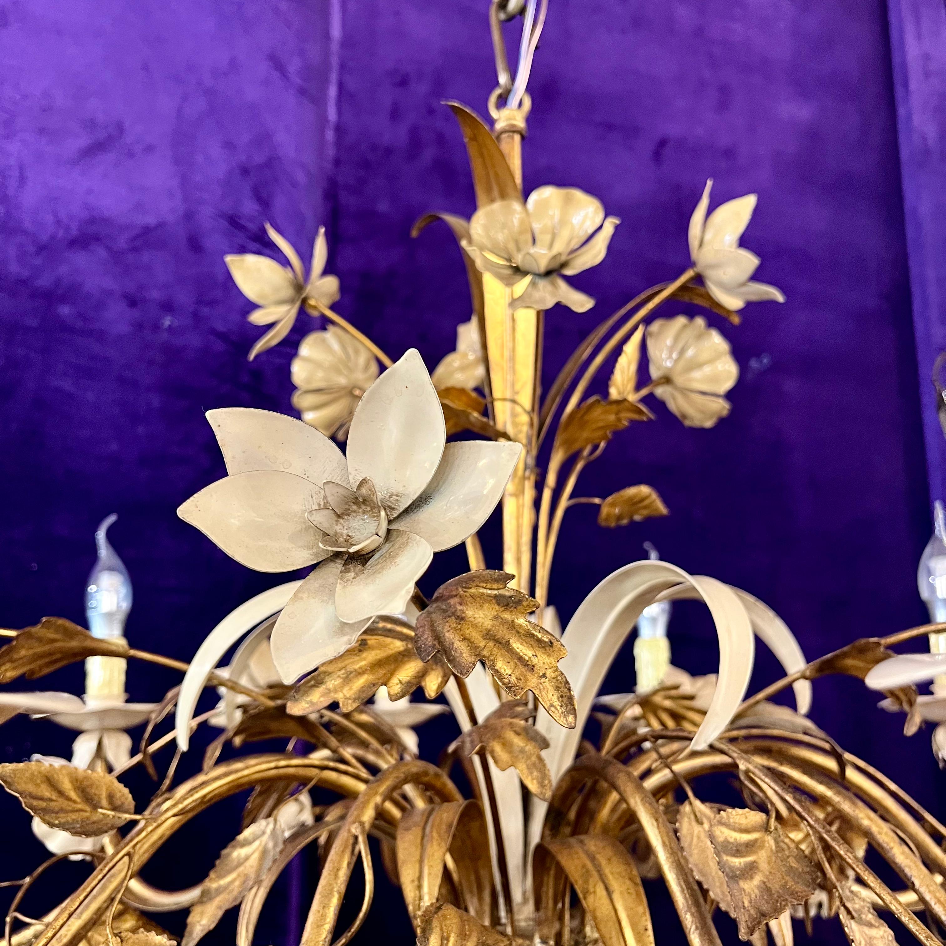 Italian Gilt Tôle and Painted Floral Chandelier, Mid-20th Century