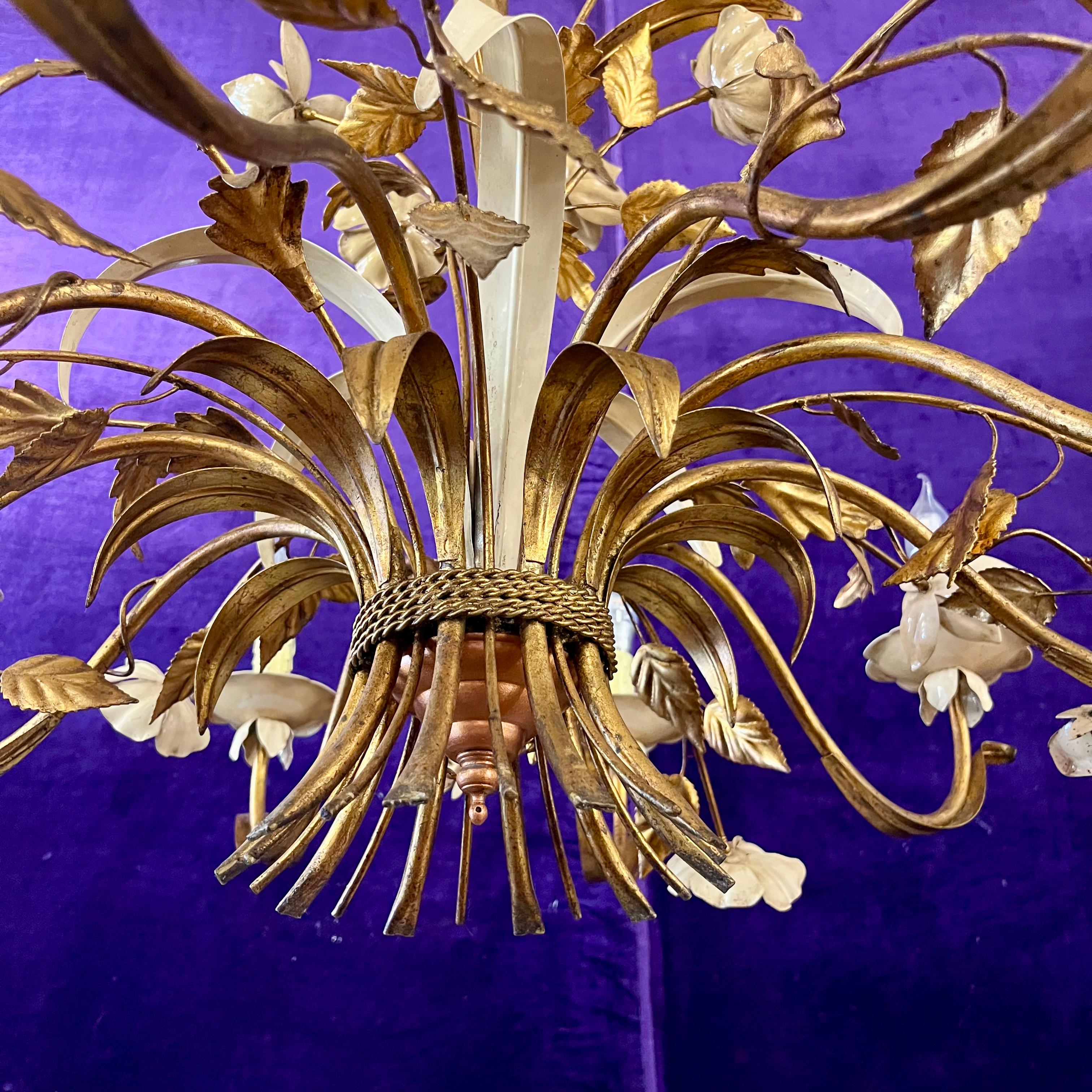 Italian Gilt Tôle and Painted Floral Chandelier, Mid-20th Century