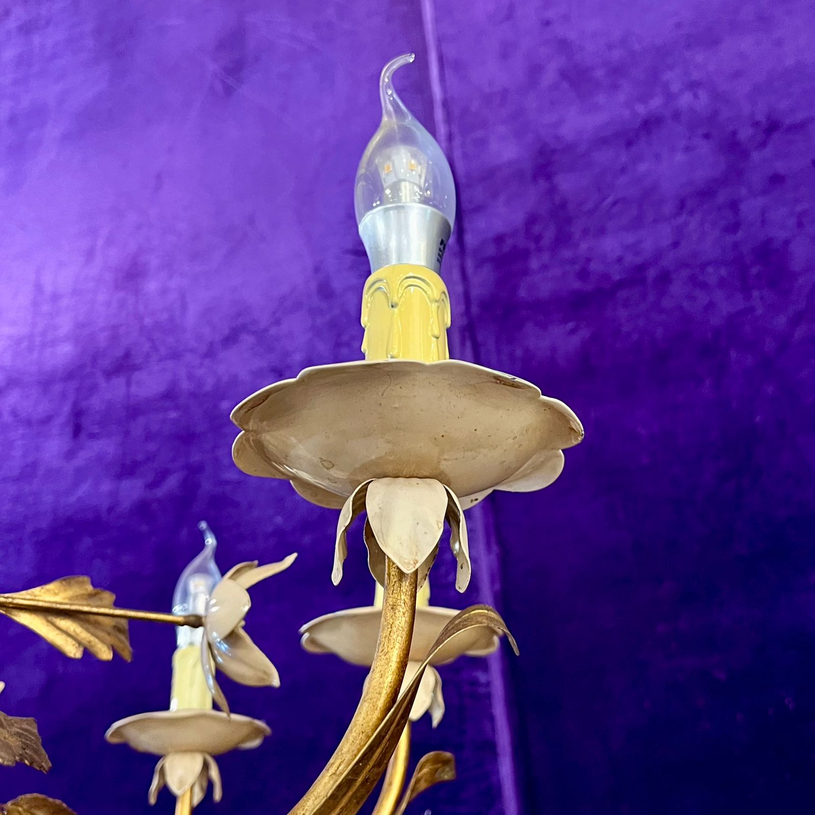 Italian Gilt Tôle and Painted Floral Chandelier, Mid-20th Century