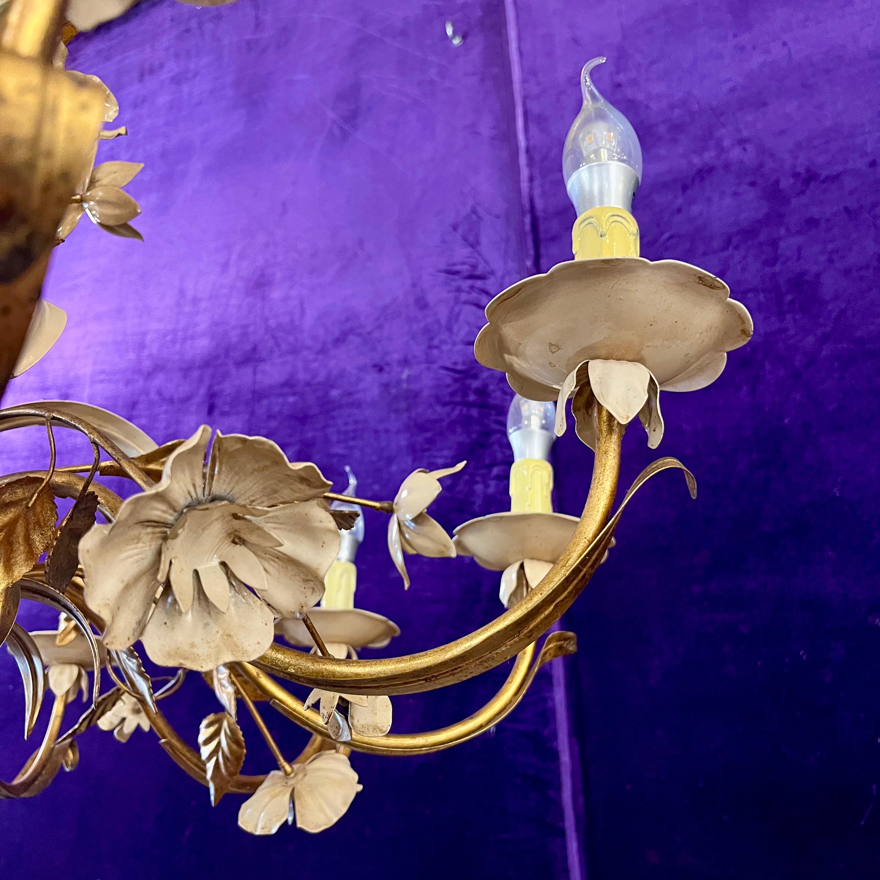 Italian Gilt Tôle and Painted Floral Chandelier, Mid-20th Century