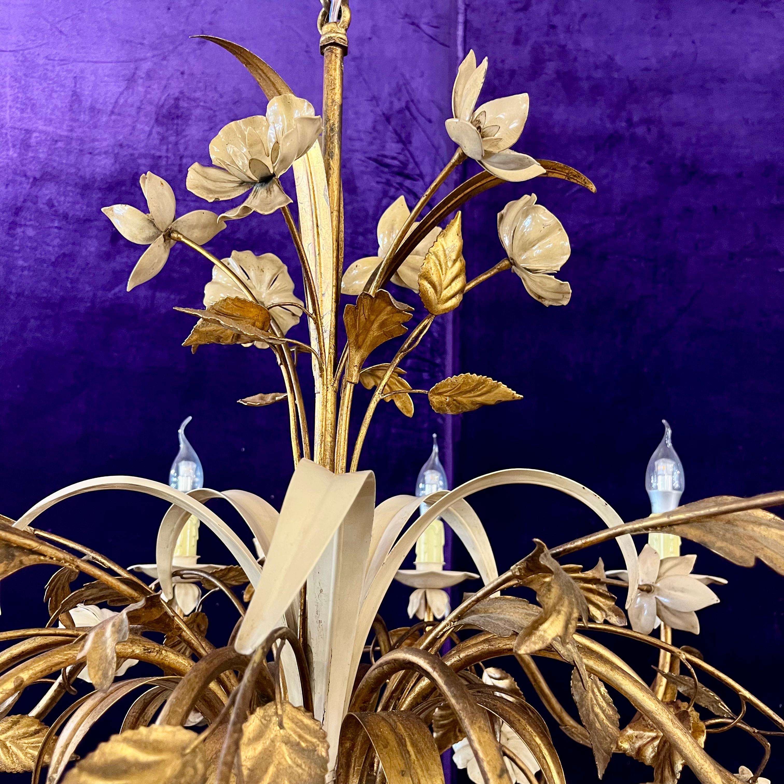 Italian Gilt Tôle and Painted Floral Chandelier, Mid-20th Century