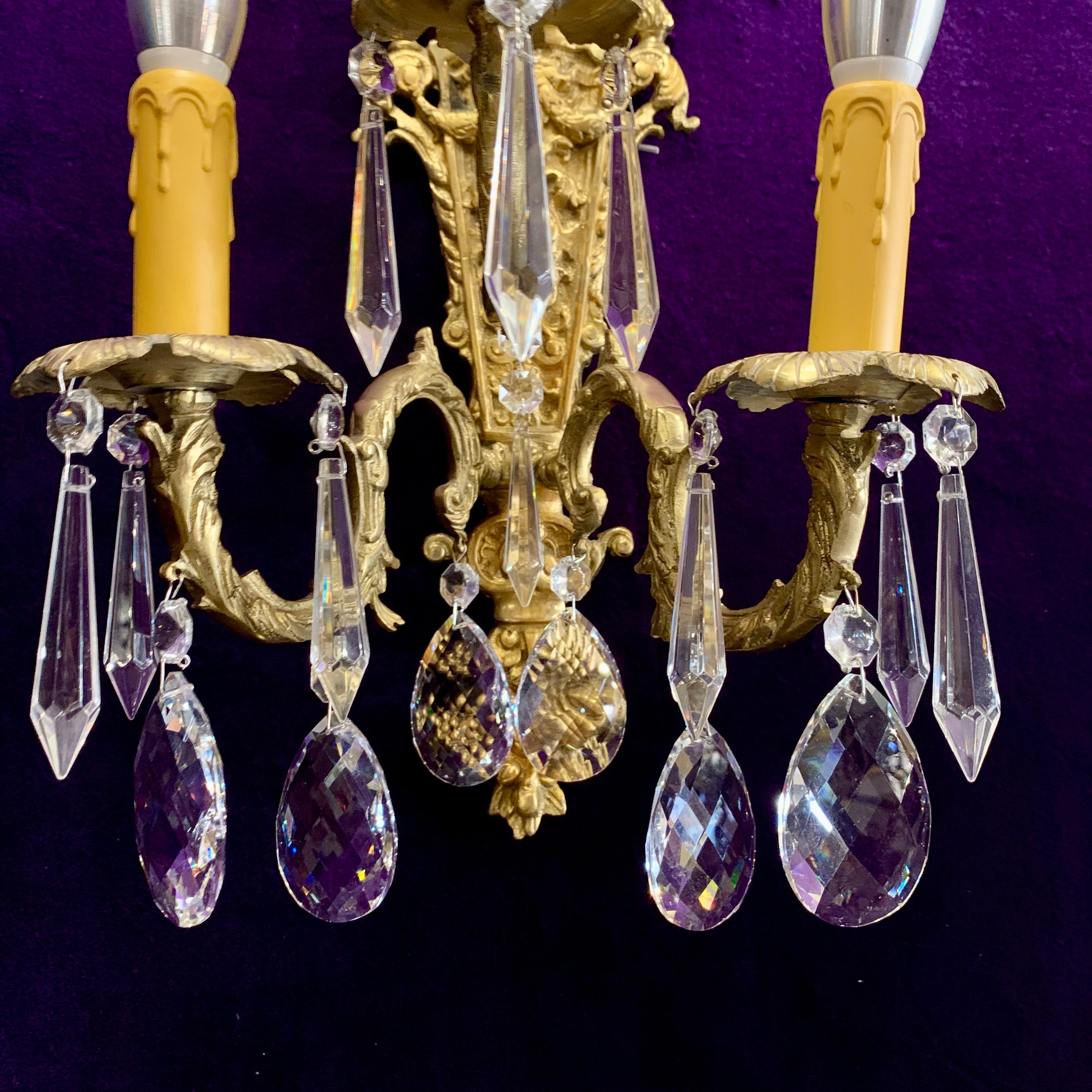 Antique Three arm Brass and Crystal Wall Sconce