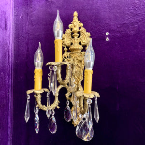 Antique Three arm Brass and Crystal Wall Sconce