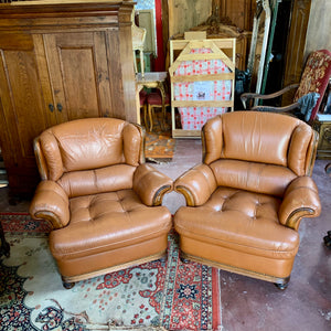 Pair of Stylish Tan Leather Wingback Armchairs