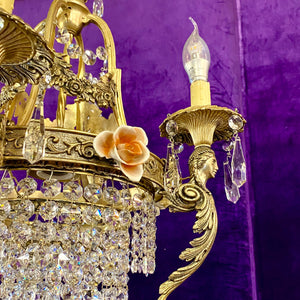 Gorgeous Antique Silver Chandelier with Original Crystals and Porcelain Flowers