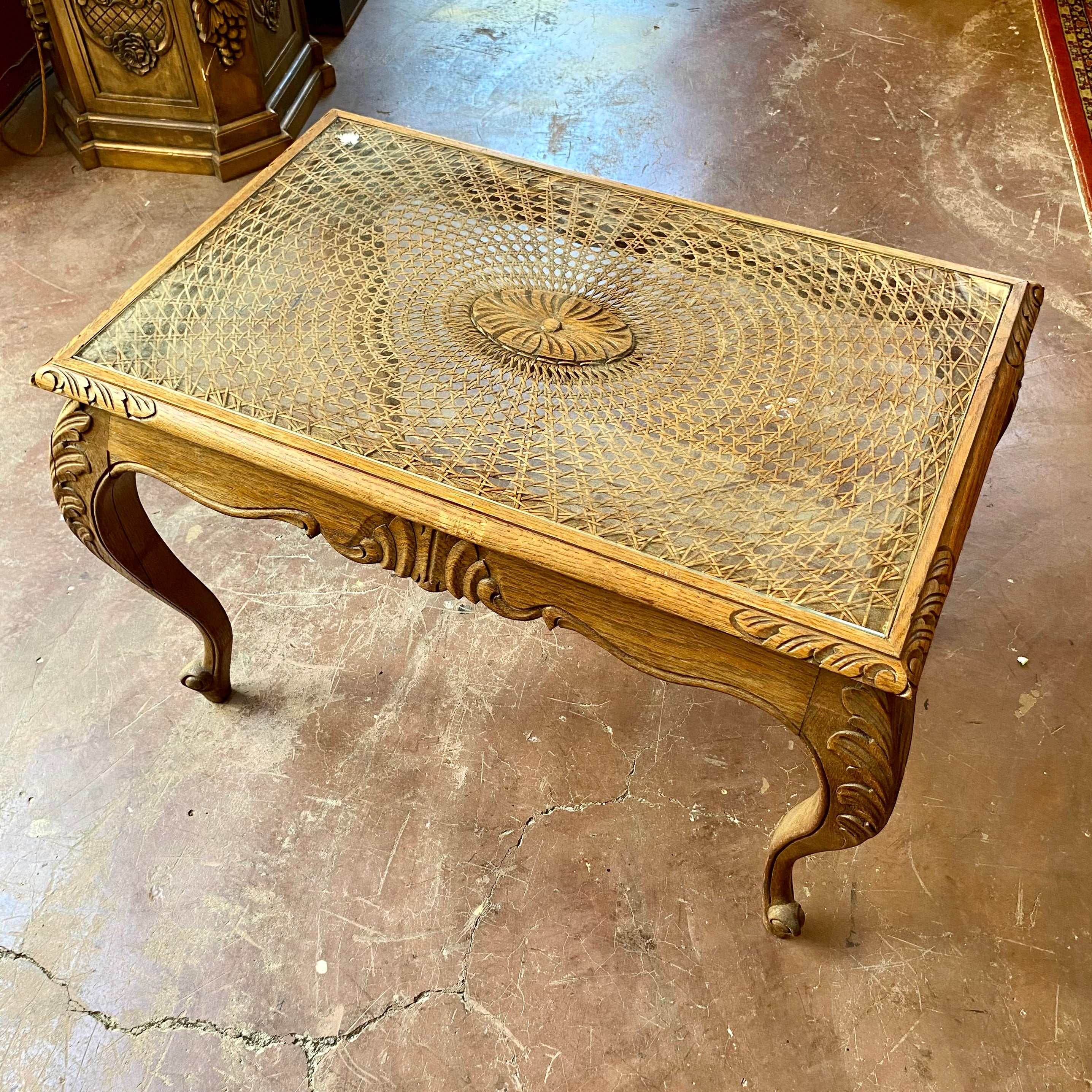 Beautiful Oak and Wicker Coffee Table with Glass Top