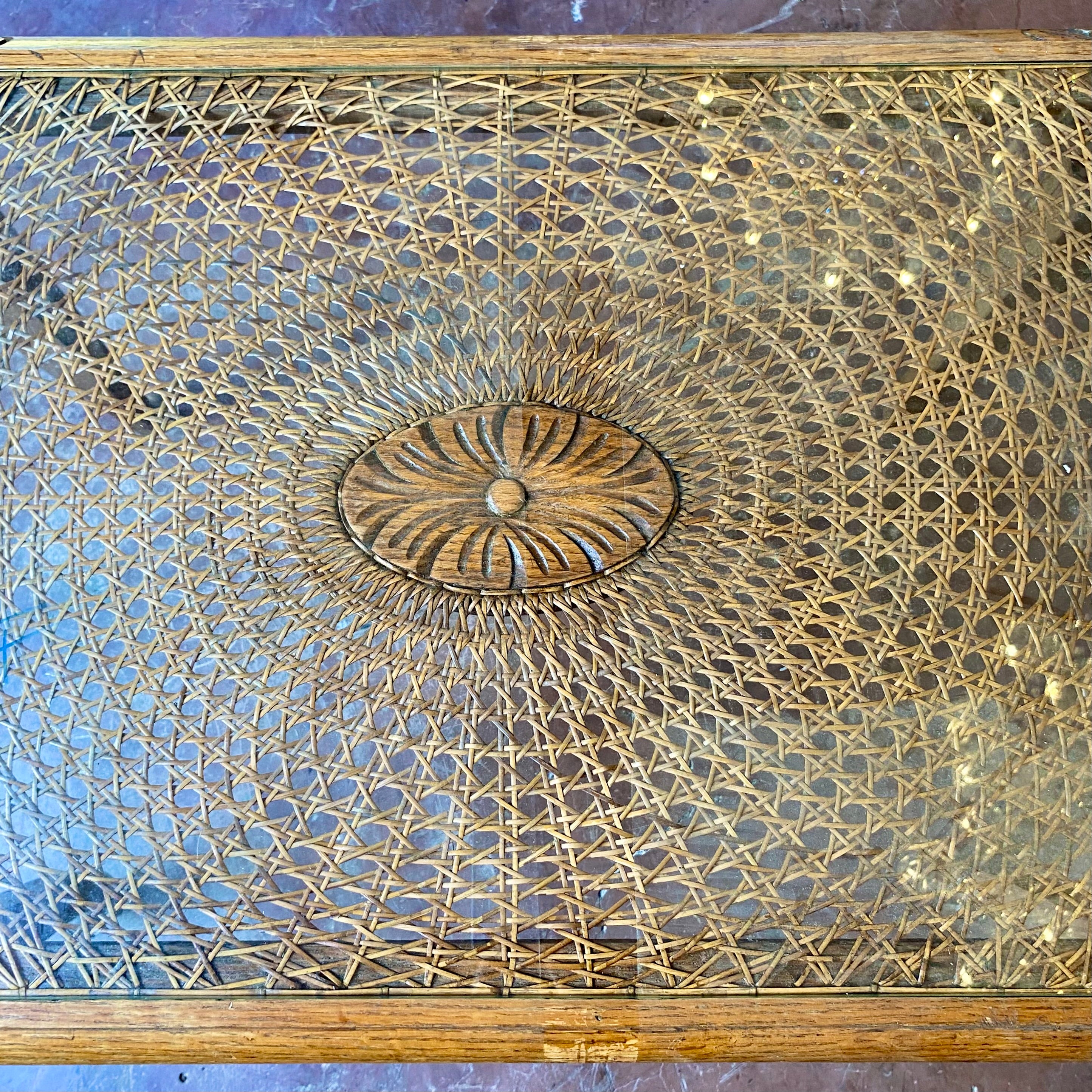 Beautiful Oak and Wicker Coffee Table with Glass Top - SOLD