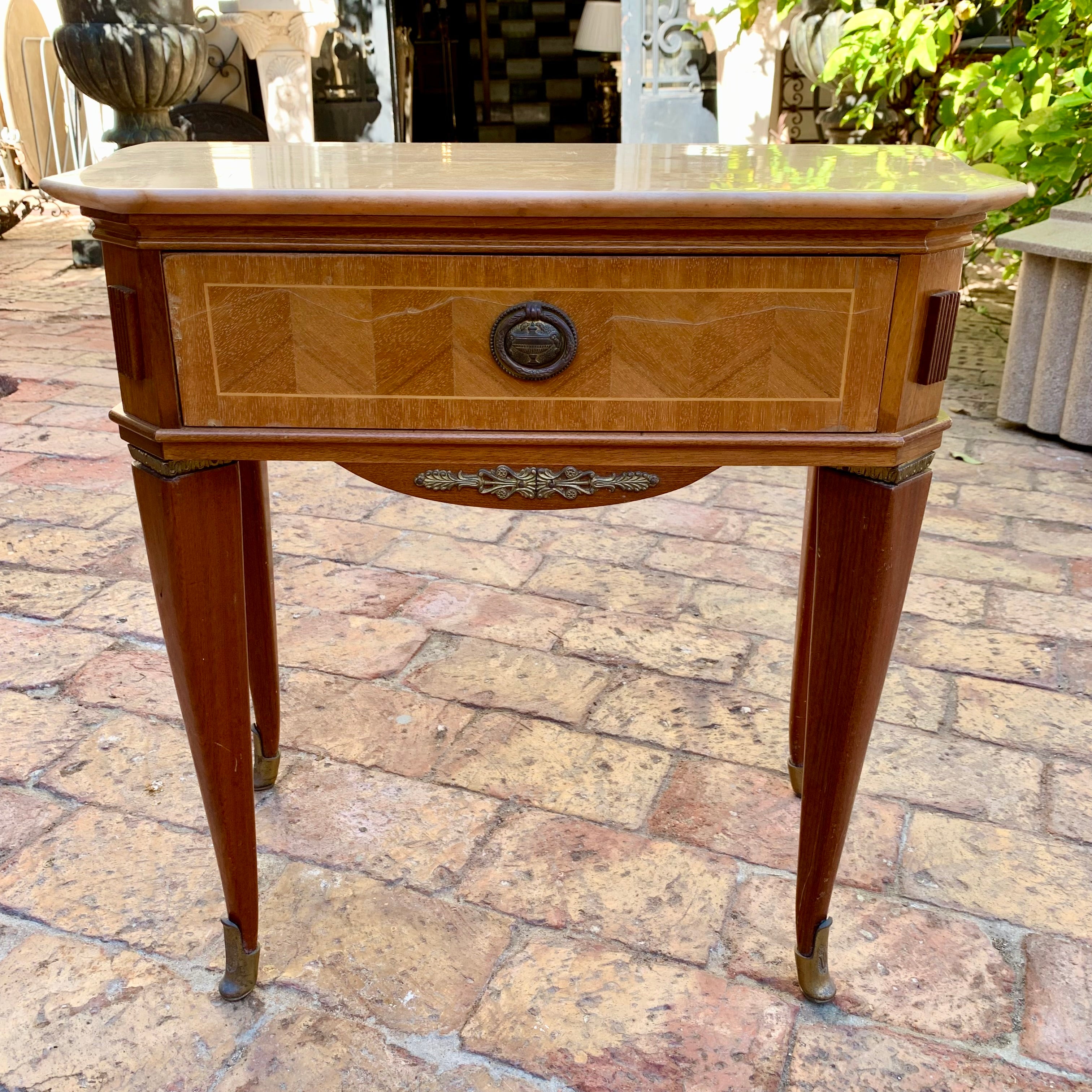 Petite Vintage Table with Marble Top and Brass Detailing