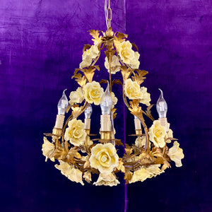 Beautiful Antique Porcelain Flower Brass Cage Chandelier