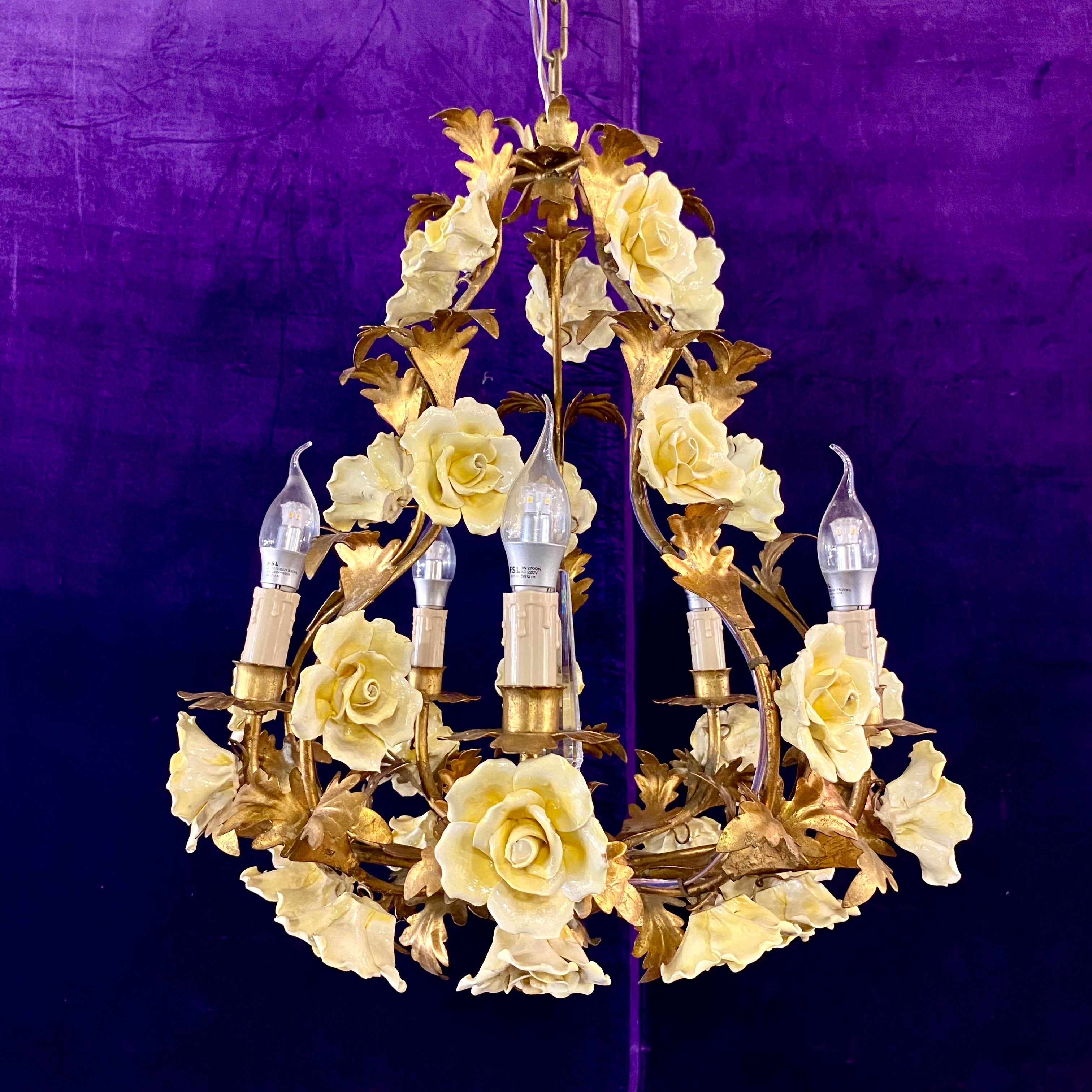 Beautiful Antique Porcelain Flower Brass Cage Chandelier